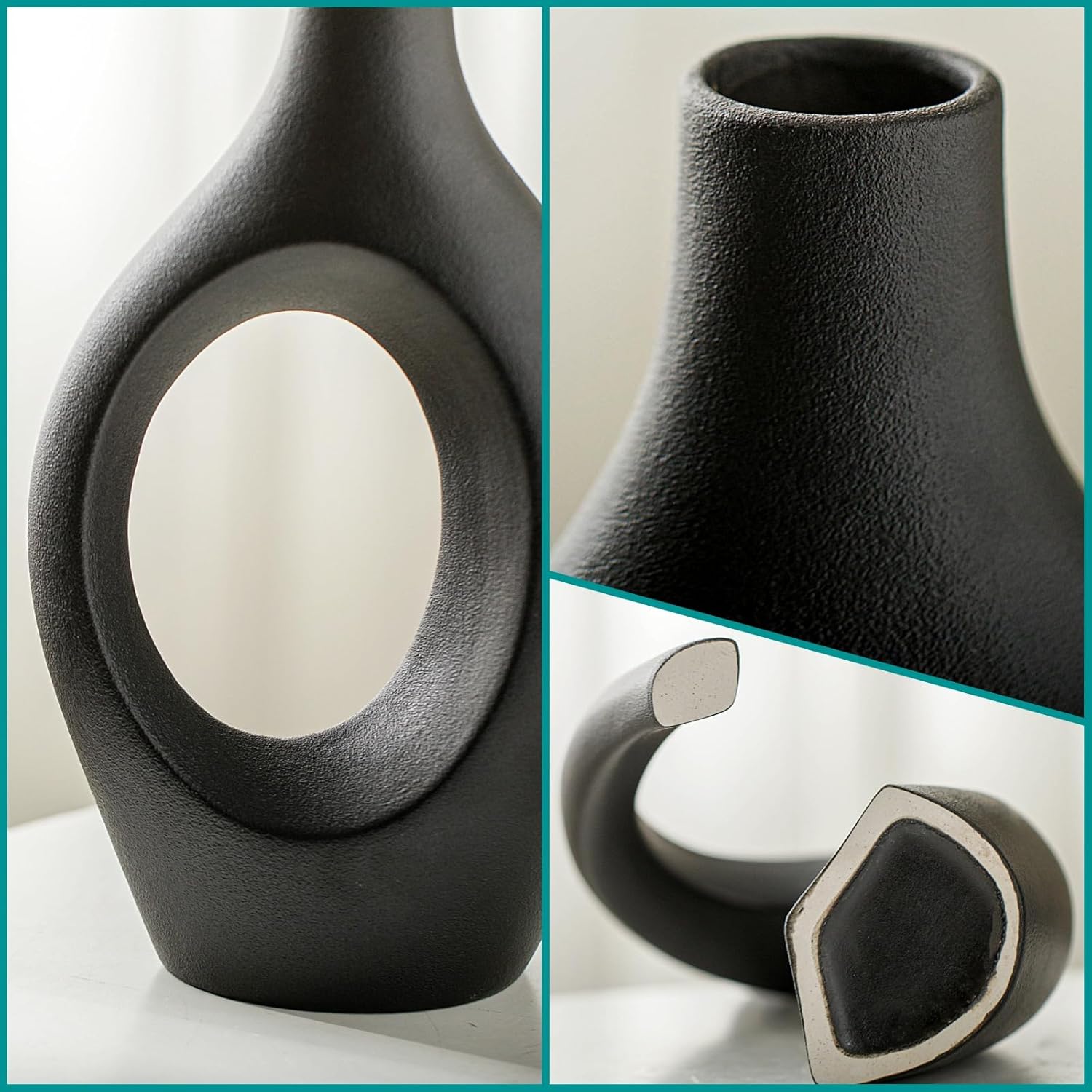 Levvohd XL Black Ceramic Vase Set of 2 for Modern Home Decor, Neutral Boho Round Donut Pampas Grass Vases, Nordic Aesthetic Vase, for Living Room Coffee Table Fire Place Book Style Shelf (H 11.1")