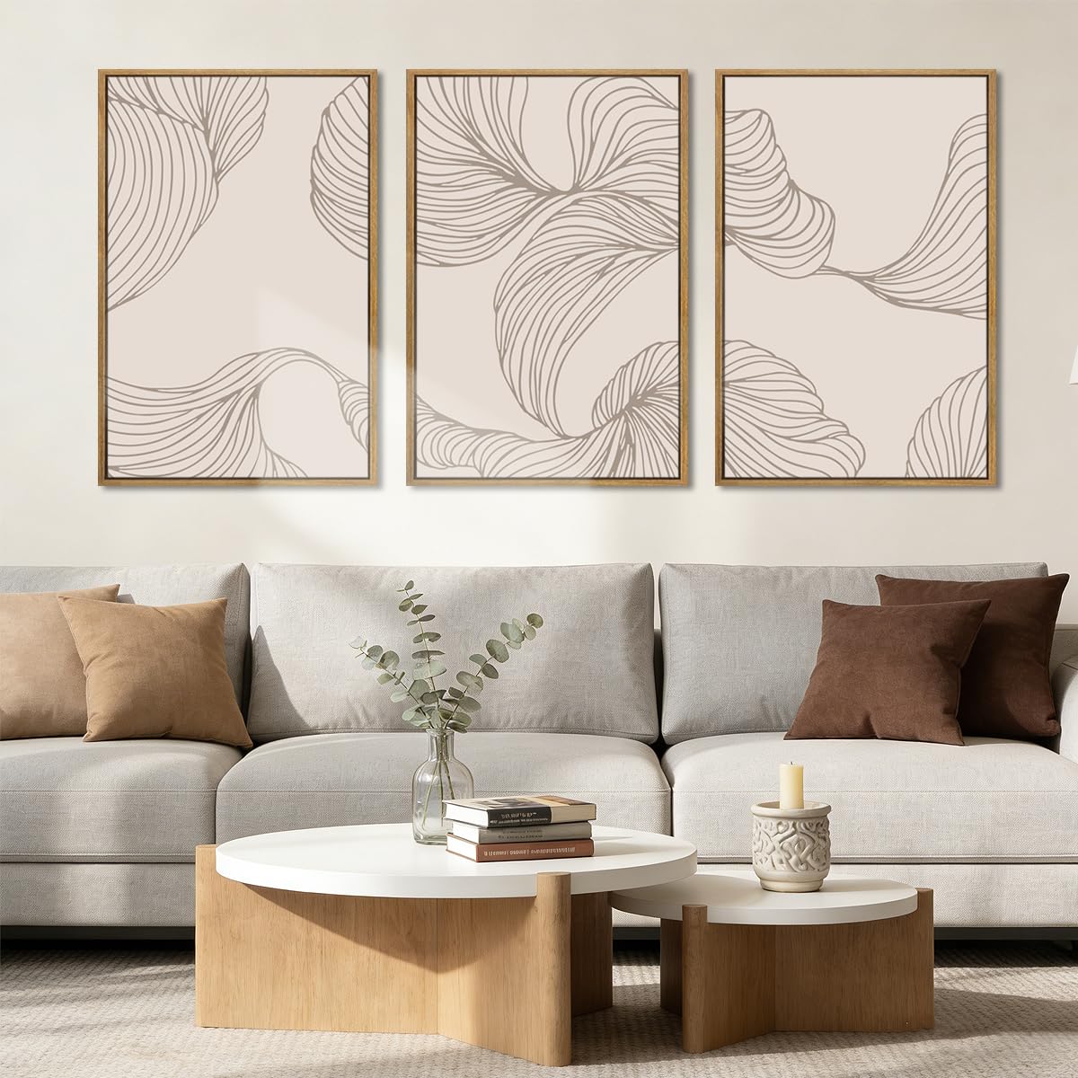 Large Abstract Paintings Framed Neutral Canvas Prints Mid Century Modern Wall Art Abstract Wall Decor Neutral Wall Pictures Elegant Modern Paintings for Living Room Bedroom Bathroom Office 36x24 Inch 3 Piece