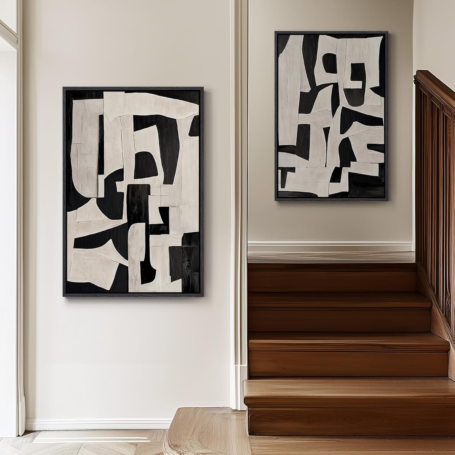 24x36 Inch 2-Piece Framed Black Beige Abstract Canvas Prints, Minimalist Black White Wall Art Decor for Living Room, Dining, Hallway & Bedroom