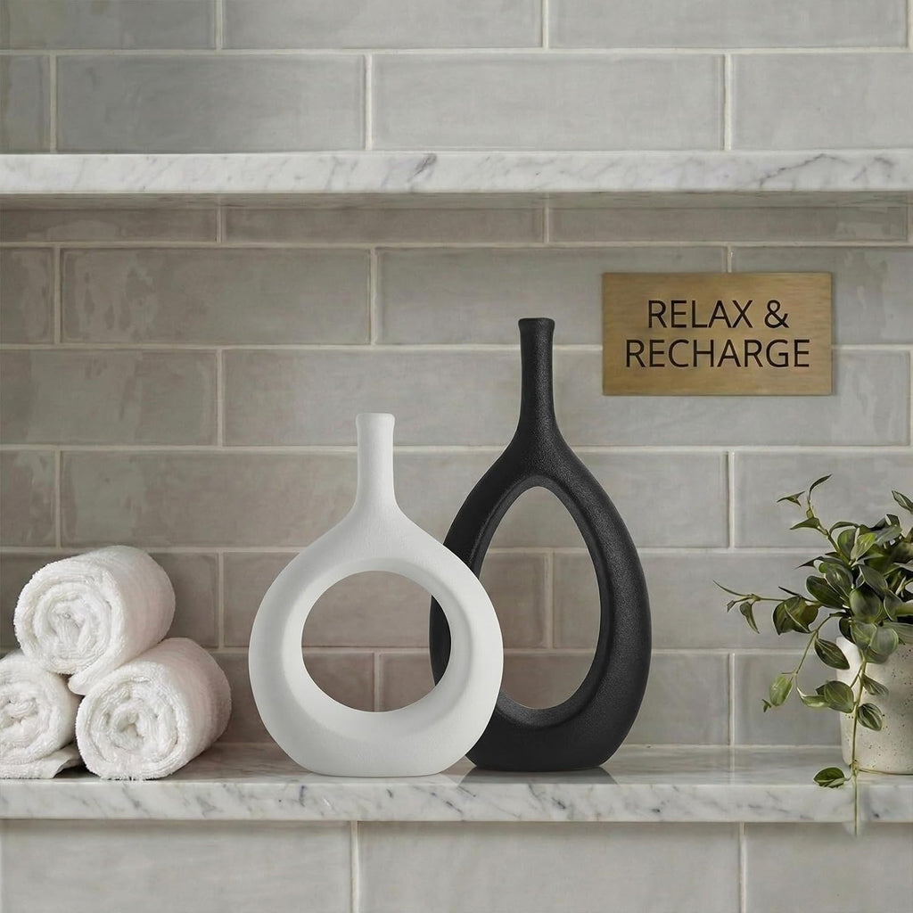 Black and White Ceramic Hollow Elliptical Vase Set of 2 - Boho Circle Vase with Hole, for Modern Black and White Table Decor, Living Room Decor Shelf mid Century Modern Home Entrance Decorative vase