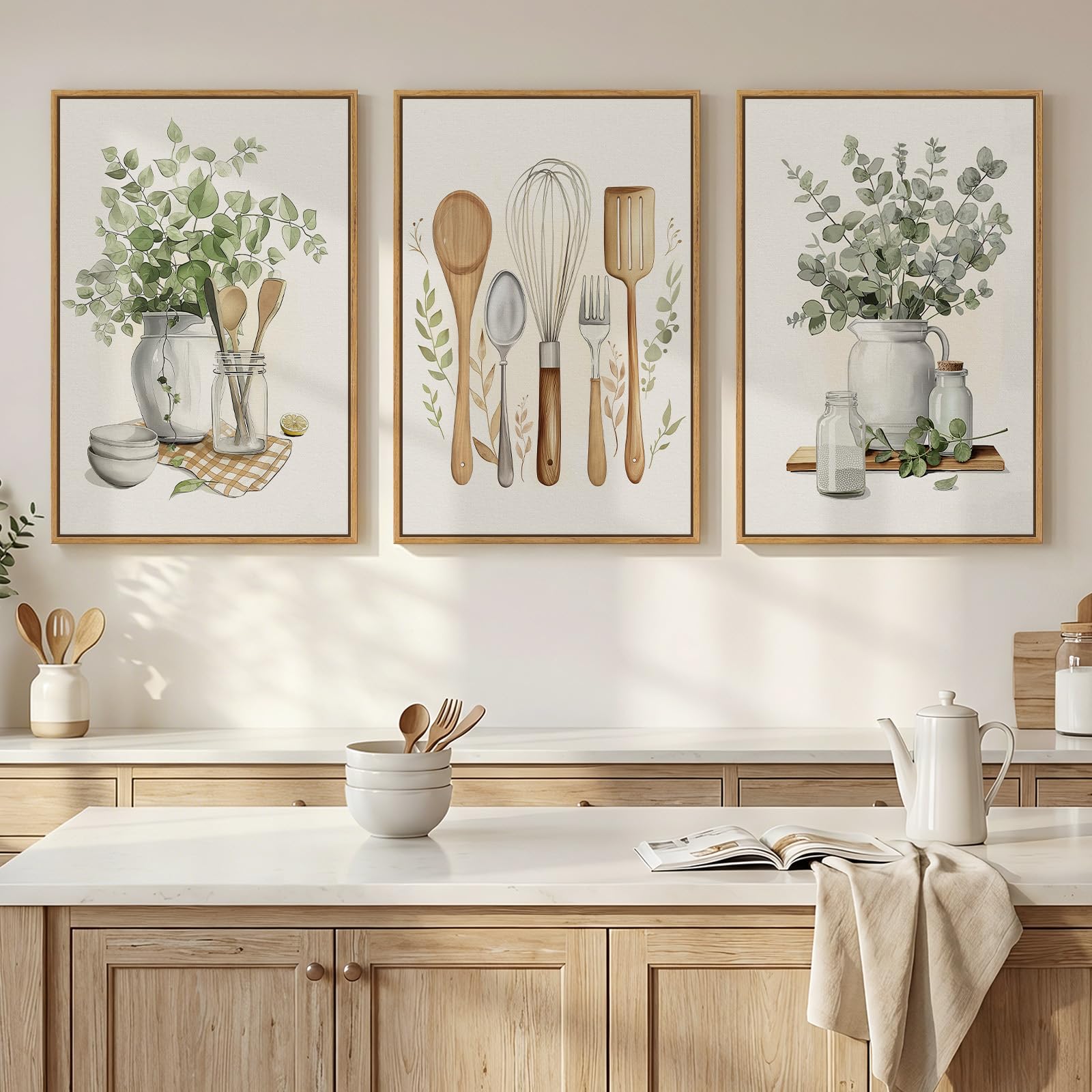 Framed Abstract Sage Green 3 Piece Wall Art for Living Room, Modern Neutral Waves Botanical Canvas Artwork for Walls, Minimalist Wabi Sabi Rustic Nature Print Wall Decor for Bedroom Office, 16x24 Inch