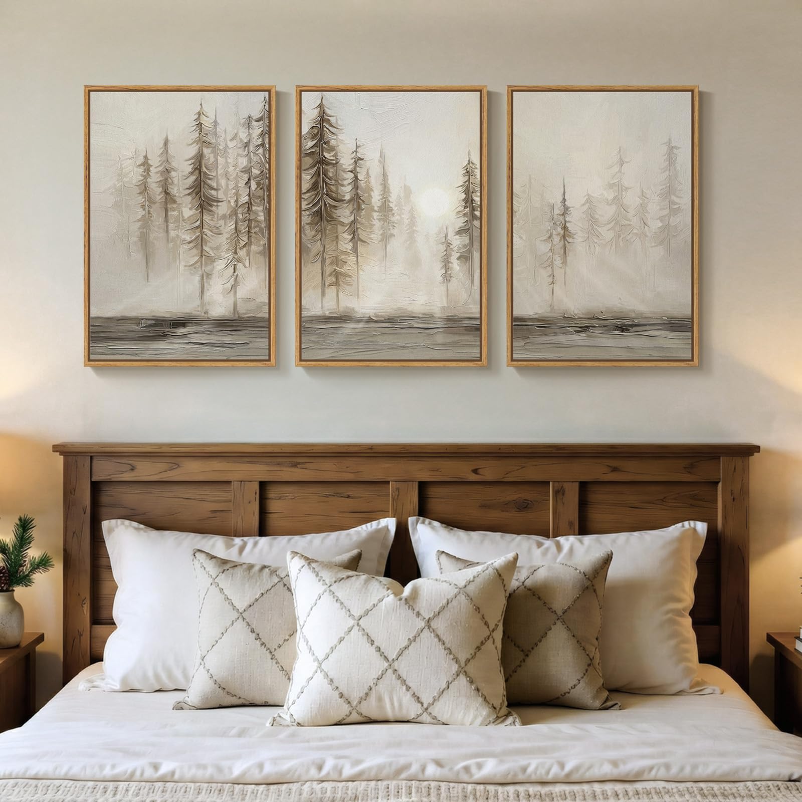Large Framed Neutral Abstract Landscape Set of 3 Living Room Wall Art, Modern Misty Pine Forest Canvas Artwork for Walls, Beige Rustic Farmhouse Nature Wall Decor for Bedroom Hallway Office, 24x36 In