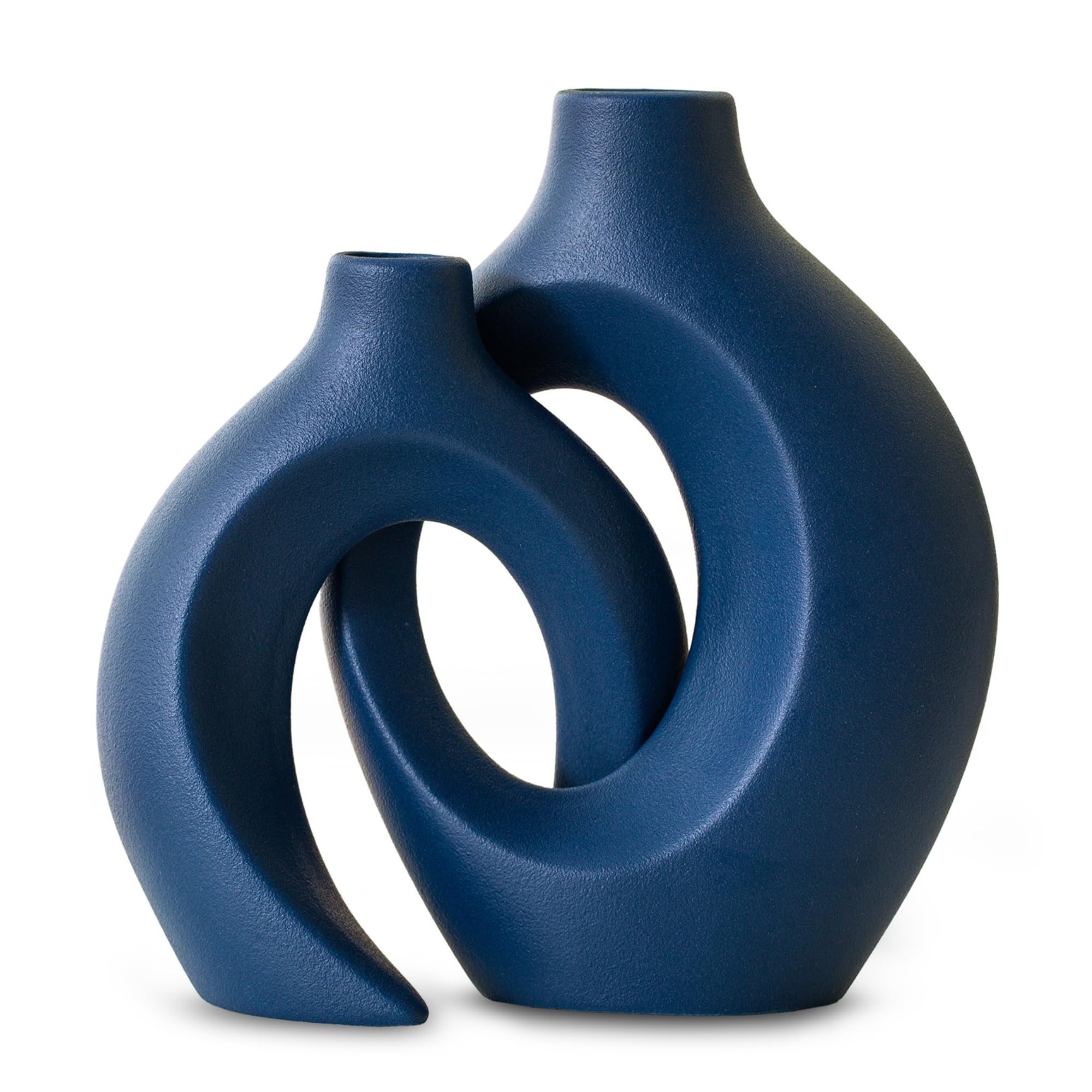 Levvohd XL Black Ceramic Vase Set of 2 for Modern Home Decor, Neutral Boho Round Donut Pampas Grass Vases, Nordic Aesthetic Vase, for Living Room Coffee Table Fire Place Book Style Shelf (H 11.1")
