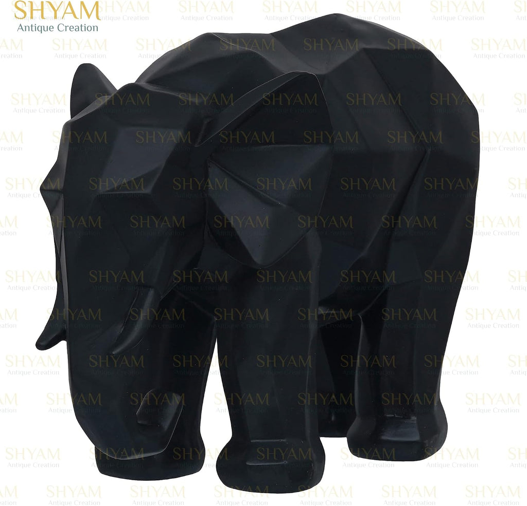 Geometric Resin Black Elephant Sculpture Outdoor Antique Design Animal Figurine Handicraft Wildlife Showpiece for Home Office Table Living Room Car Decor and Gift Purpose