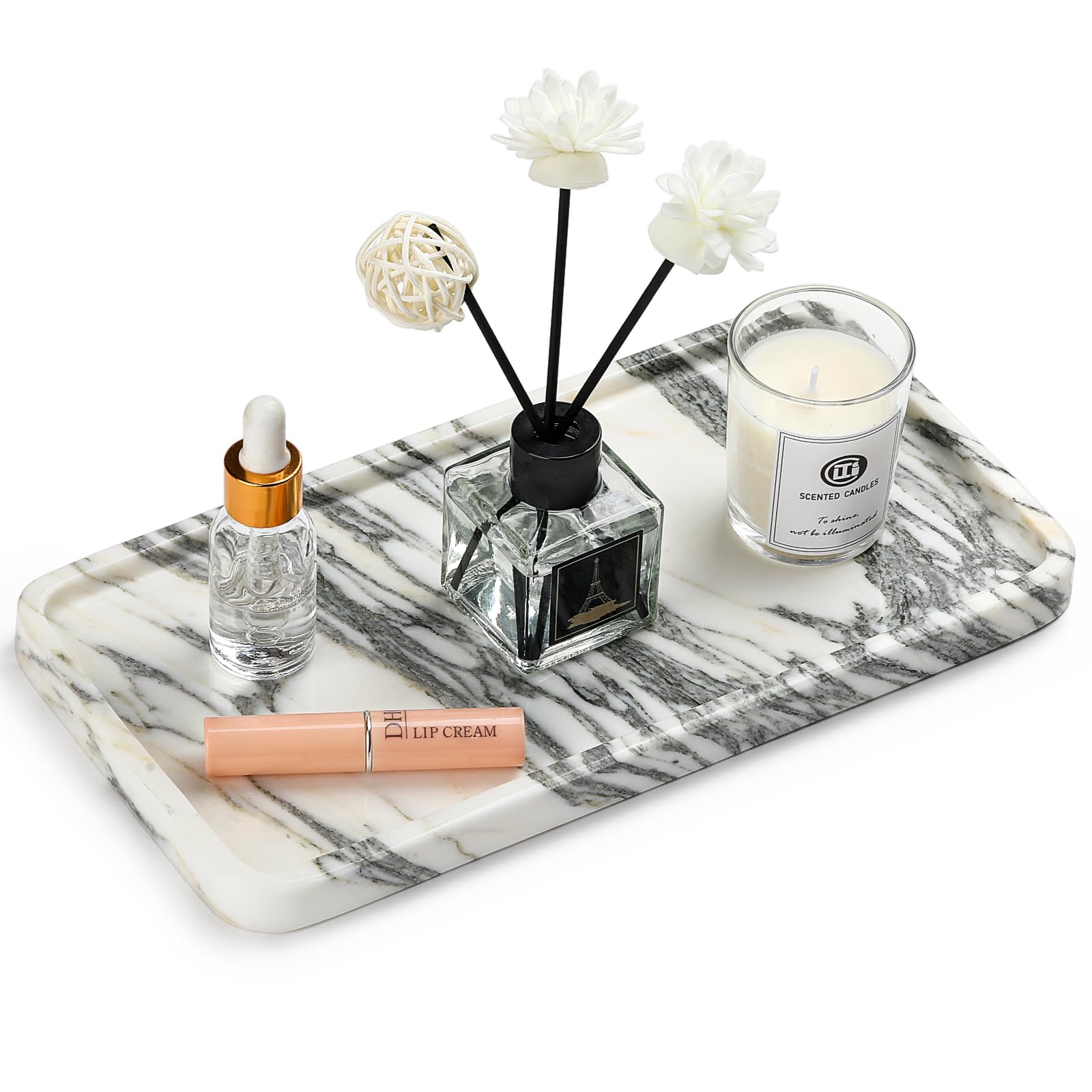 Natural Marble Vanity Tray - Moujings Genuine Marble Perfume Tray for Bathroom Decor, Stone Bathroom Vanity Organizer Tray for Kitchen Counter, Candles, Jewelry, Coffee, Makeup, Key