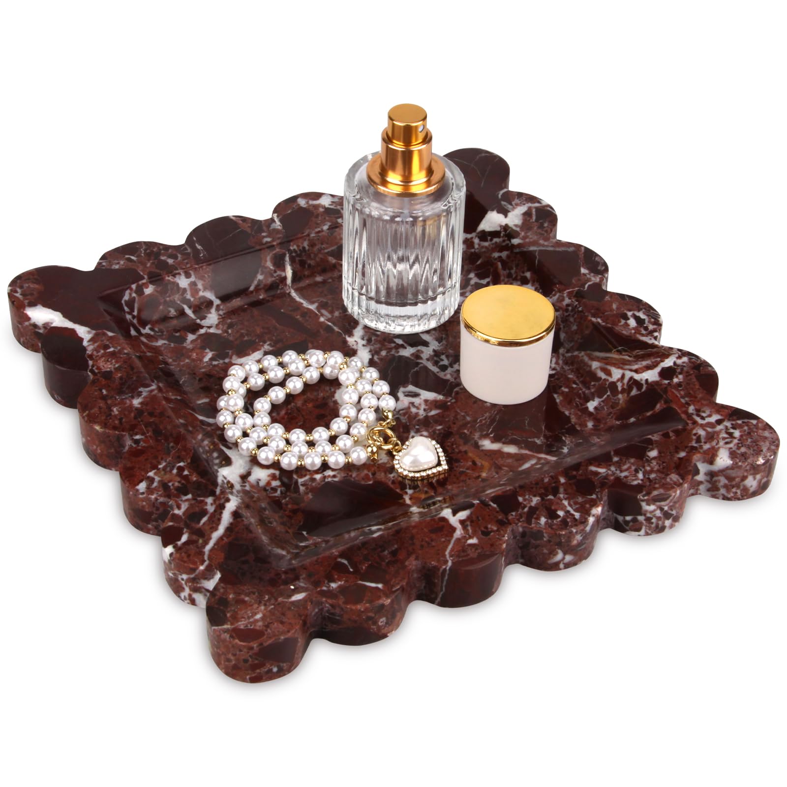 Square Marble Decorative Tray with Scalloped Edge,Luxury Natural Stone Bathroom Vanity Tray, Dresser Top Perfume Coffee Home Kitchen Sink Tray, Key Trinket Ring (Rosso Lepanto, 8 * 8)
