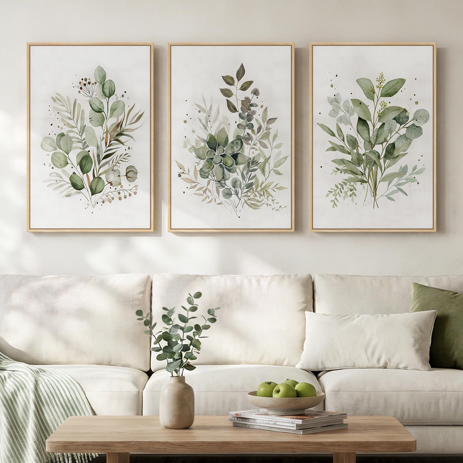 Framed Abstract Sage Green 3 Piece Wall Art for Living Room, Modern Neutral Waves Botanical Canvas Artwork for Walls, Minimalist Wabi Sabi Rustic Nature Print Wall Decor for Bedroom Office, 16x24 Inch