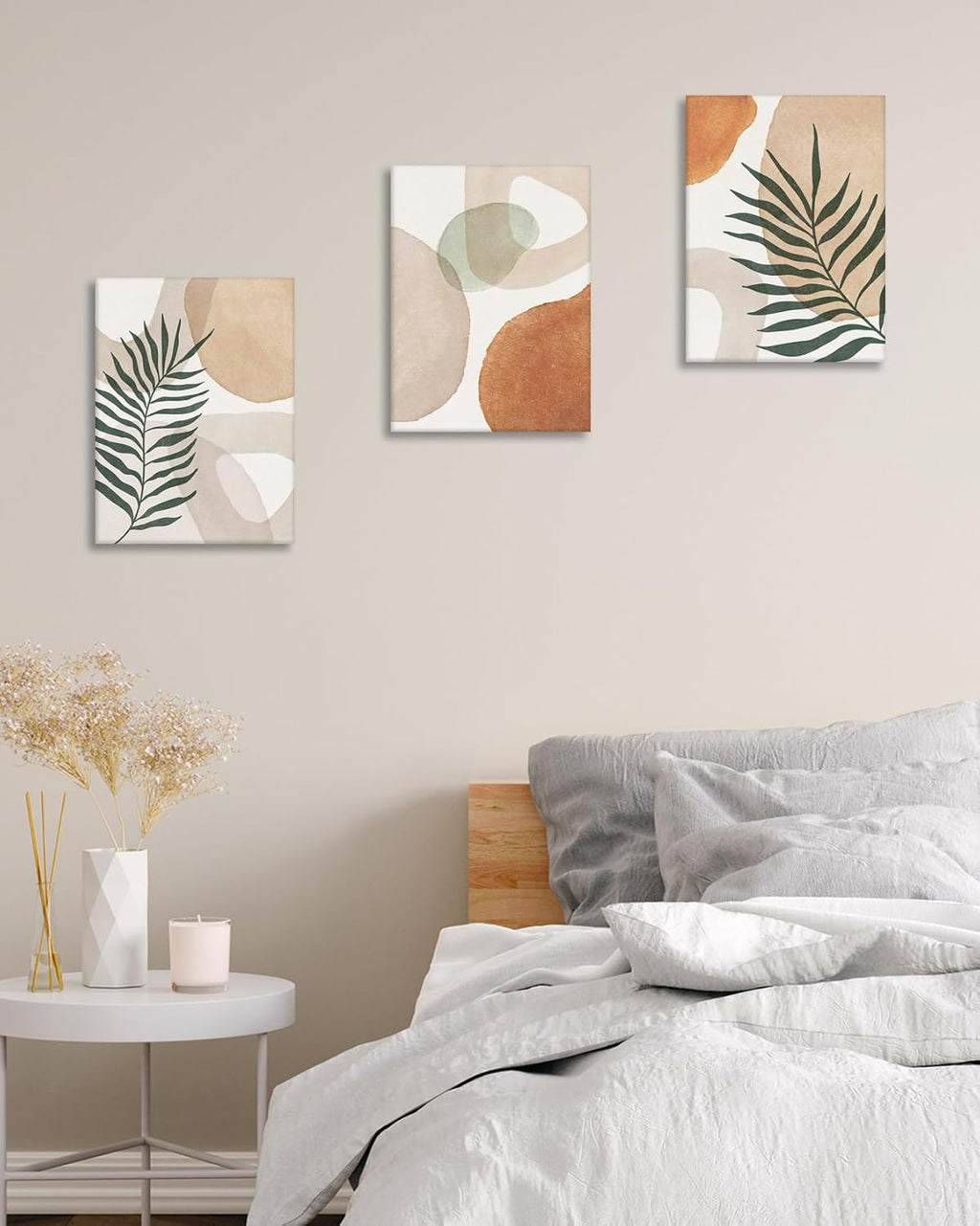 HesenDot Abstract Botanical Wall Art Set of 3, 30x40CM Neutral Plant Framed Canvas Prints, Beige Green Boho Aesthetic Wall Decor for Living Room Bedroom Bathroom Office Home