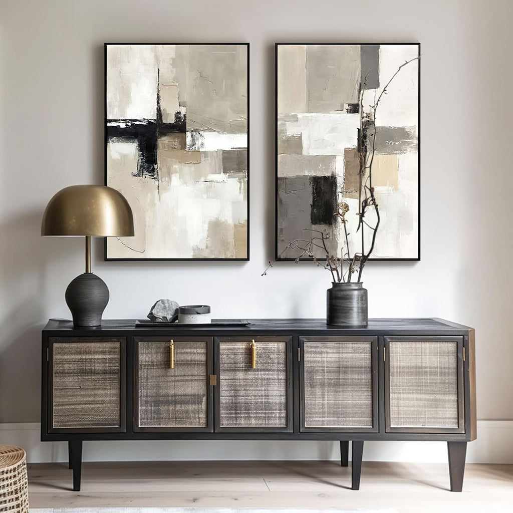 Set of 2 Modern Neutral Abstract Wall Art – Framed Beige, Gray, and Black Canvas Paintings for Living Room, Bedroom, or Office Décor – 24x36 Inches Each