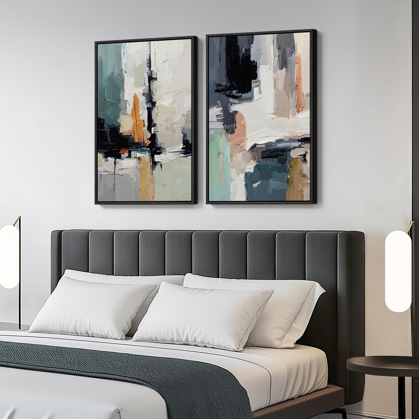 Large Framed Neutral Abstract Wall Art, 2 Piece Modern Canvas Prints Paintings, Beige Gold Abstract Pictures for Living Room Hallway Dining Room Bedroom Office Wall Decor 24x36 In