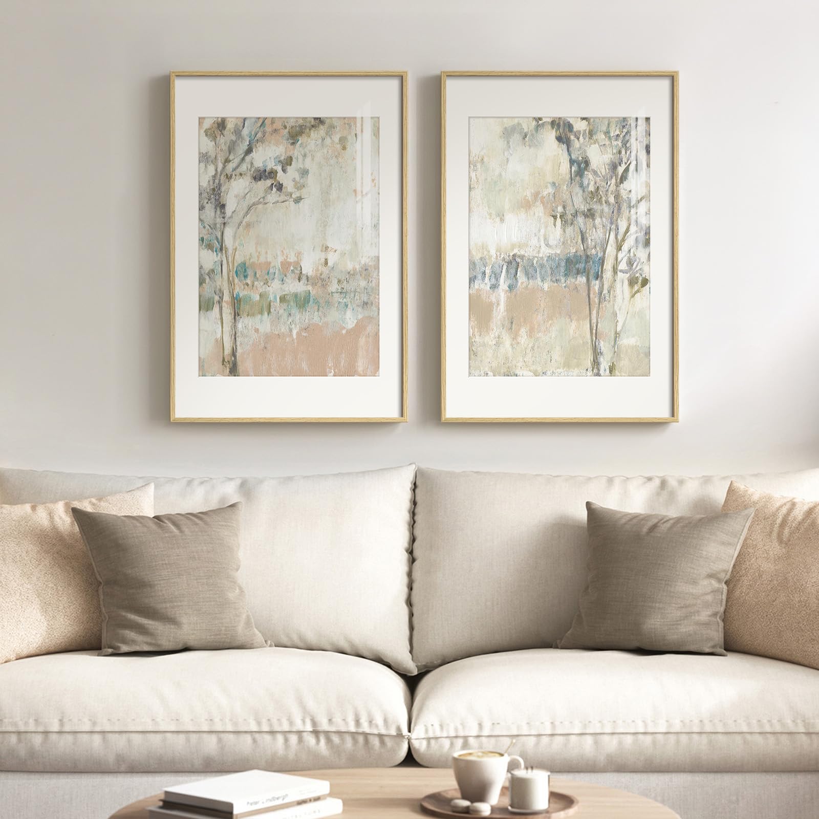Framed Neutral Abstract Landscape Wall Art for Living Room, Large Set of 2 Minimalist Tree Canvas Artwork for Walls, Modern Nature Scenic Paintings Prints Wall Decor for Bedroom Home Office, 20x30 In