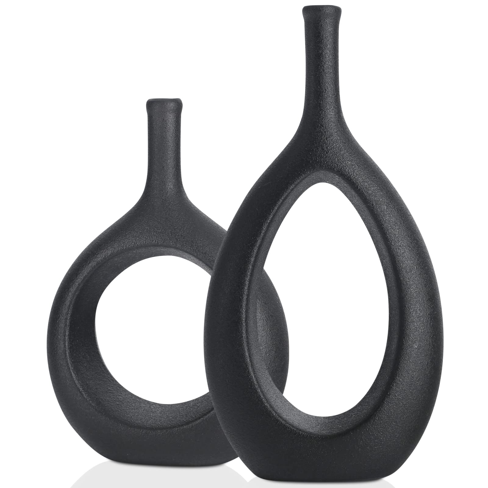 Black and White Ceramic Hollow Elliptical Vase Set of 2 - Boho Circle Vase with Hole, for Modern Black and White Table Decor, Living Room Decor Shelf mid Century Modern Home Entrance Decorative vase