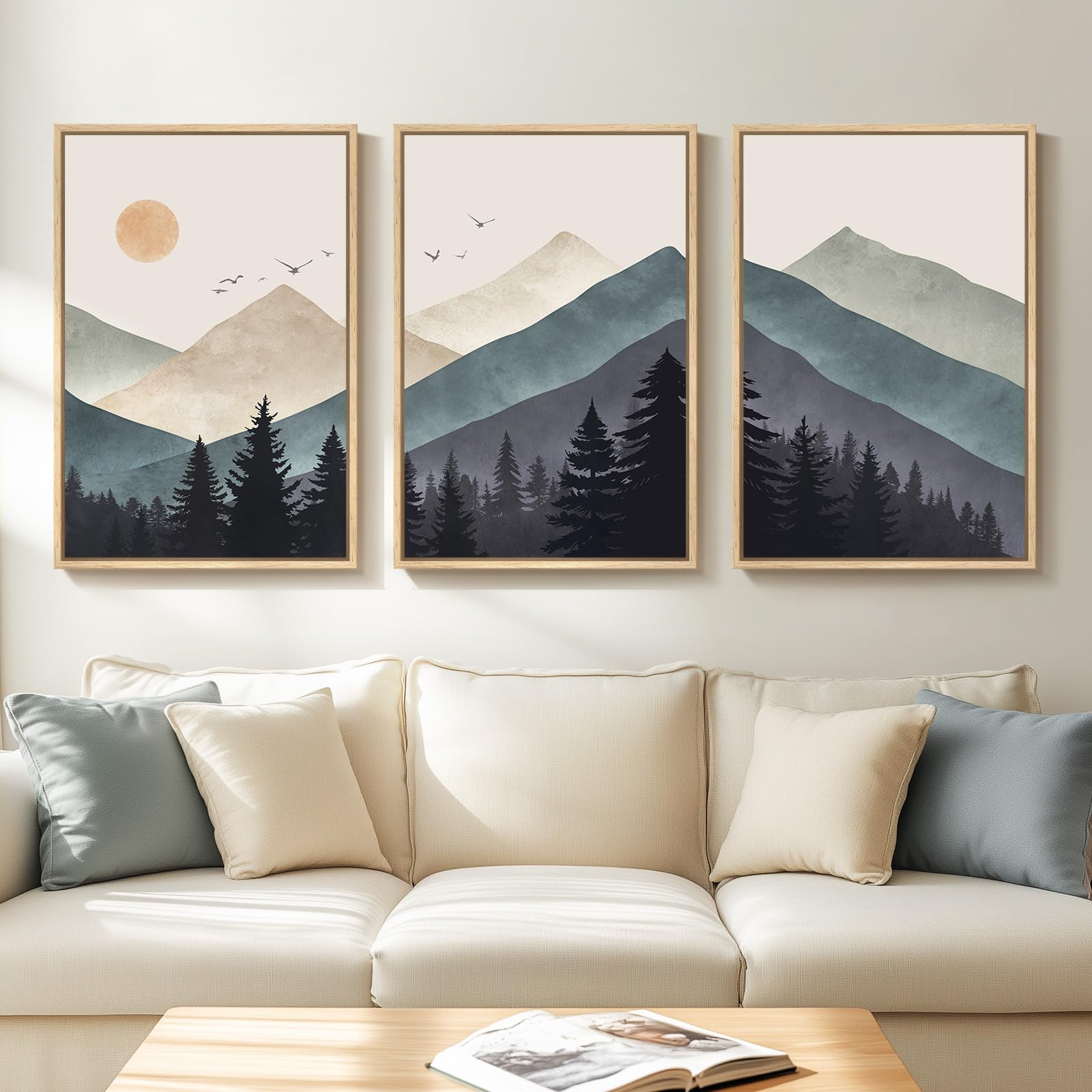 Large Framed Neutral Abstract Landscape Set of 3 Living Room Wall Art, Modern Misty Pine Forest Canvas Artwork for Walls, Beige Rustic Farmhouse Nature Wall Decor for Bedroom Hallway Office, 24x36 In