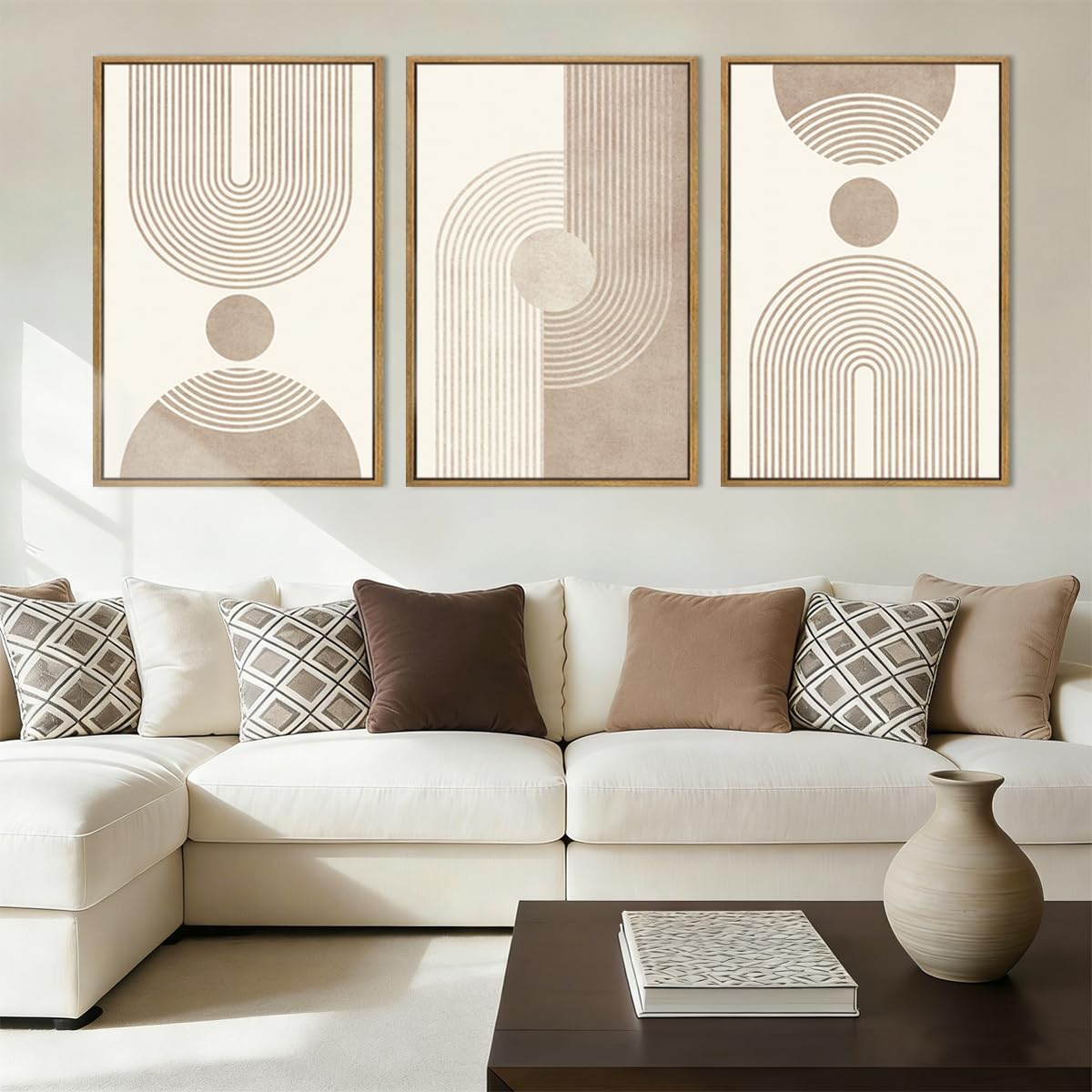 Large Abstract Paintings Framed Neutral Canvas Prints Mid Century Modern Wall Art Abstract Wall Decor Neutral Wall Pictures Elegant Modern Paintings for Living Room Bedroom Bathroom Office 36x24 Inch 3 Piece