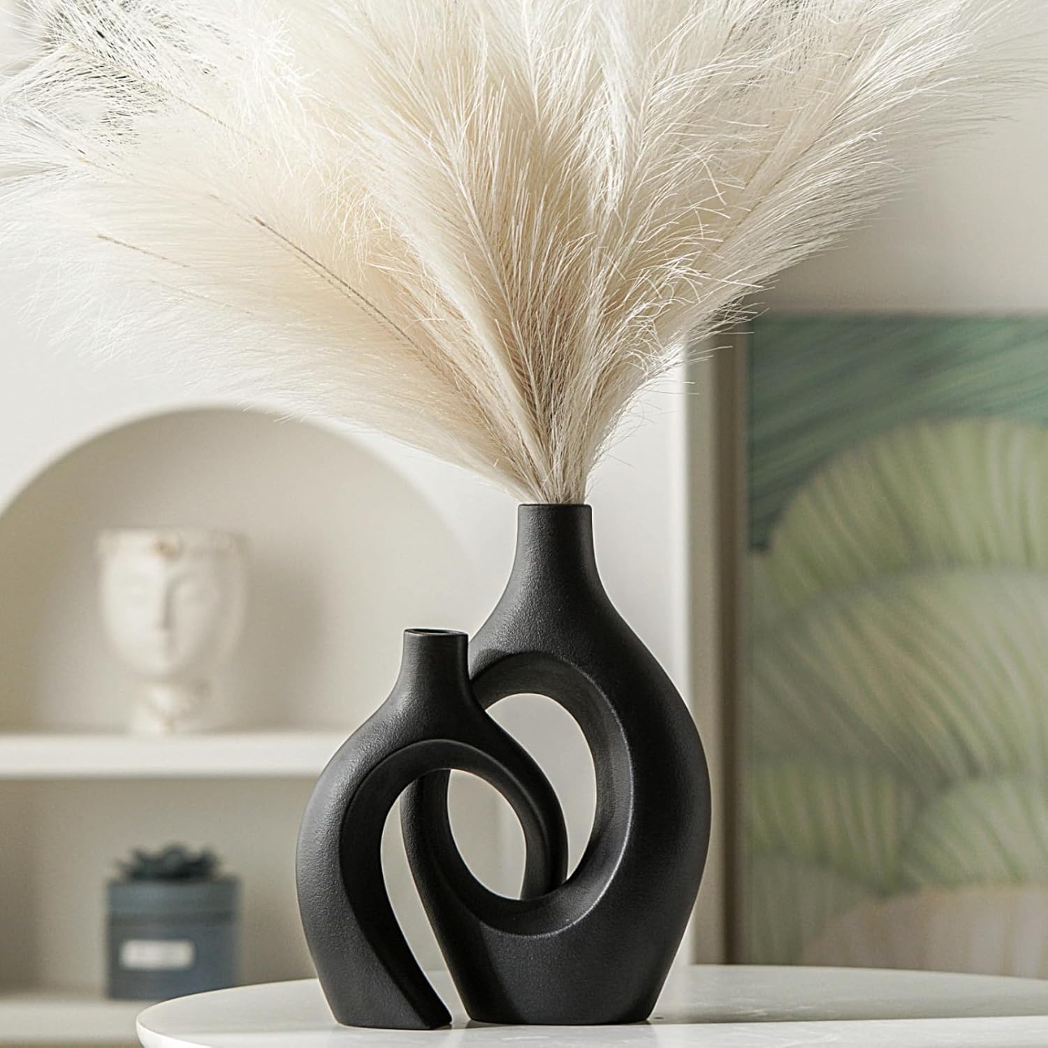 Levvohd XL Black Ceramic Vase Set of 2 for Modern Home Decor, Neutral Boho Round Donut Pampas Grass Vases, Nordic Aesthetic Vase, for Living Room Coffee Table Fire Place Book Style Shelf (H 11.1")
