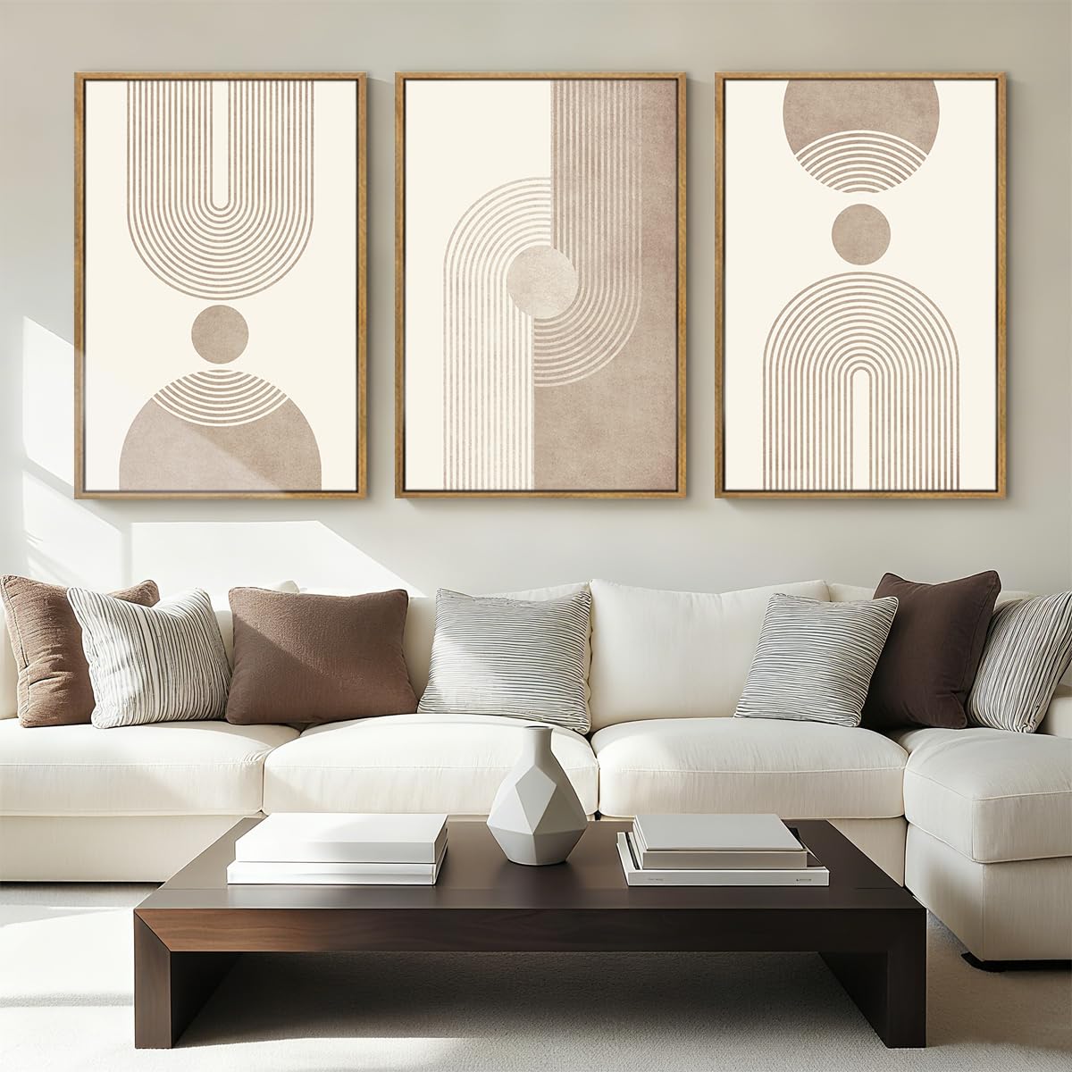 Large Abstract Paintings Framed Neutral Canvas Prints Mid Century Modern Wall Art Abstract Wall Decor Neutral Wall Pictures Elegant Modern Paintings for Living Room Bedroom Bathroom Office 36x24 Inch 3 Piece