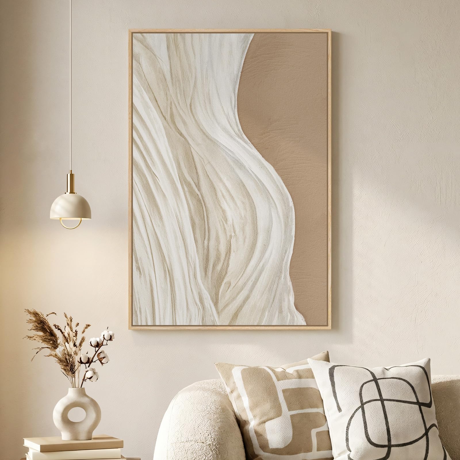 Large Framed Neutral Abstract Wall Art, Modern Beige Brown Canvas Prints Paintings, Minimalist Stone Shape Line Pictures Artwork Decor for Living Room Dining Bedroom Entryway 24x36 Inch