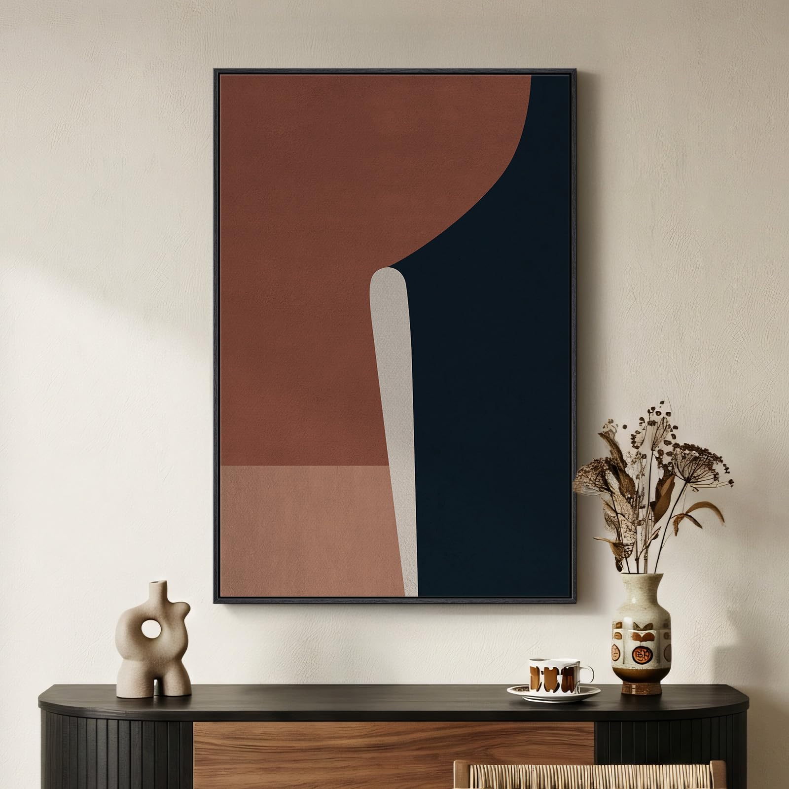 Framed Boho Abstract Wall Art for Living Room, Neutral Black Beige Wabi Sabi Botanical Leaf Prints Canvas Artwork for Walls, Minimalist Mid Century Modern Wall Decor for Bedroom Home Office, 24x36 In