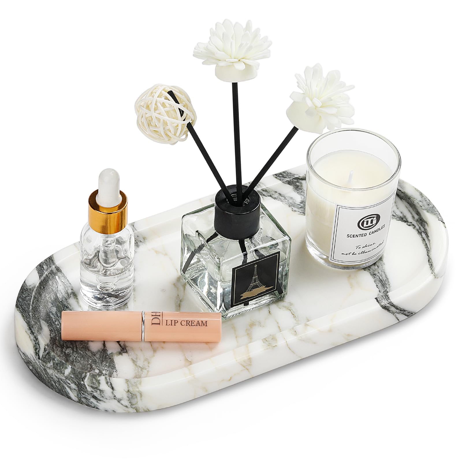 Natural Marble Vanity Tray - Moujings Genuine Marble Perfume Tray for Bathroom Decor, Stone Bathroom Vanity Organizer Tray for Kitchen Counter, Candles, Jewelry, Coffee, Makeup, Key