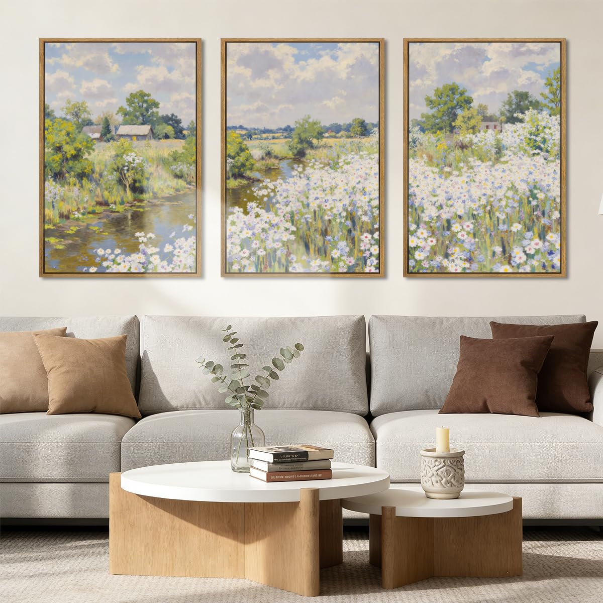 Large Abstract Paintings Framed Neutral Canvas Prints Mid Century Modern Wall Art Abstract Wall Decor Neutral Wall Pictures Elegant Modern Paintings for Living Room Bedroom Bathroom Office 36x24 Inch 3 Piece