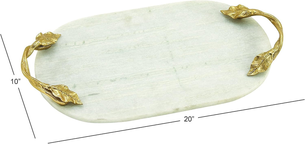 Deco 79 Marble Oval Tray with Gold Twisted Leaf Handles, 20" x 10" x 2", White