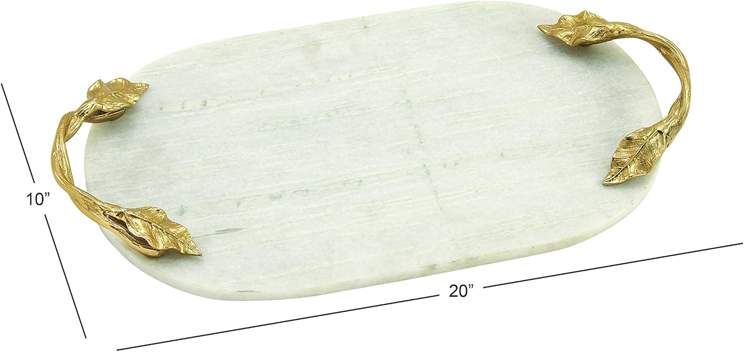 Deco 79 Marble Oval Tray with Gold Twisted Leaf Handles, 20" x 10" x 2", White