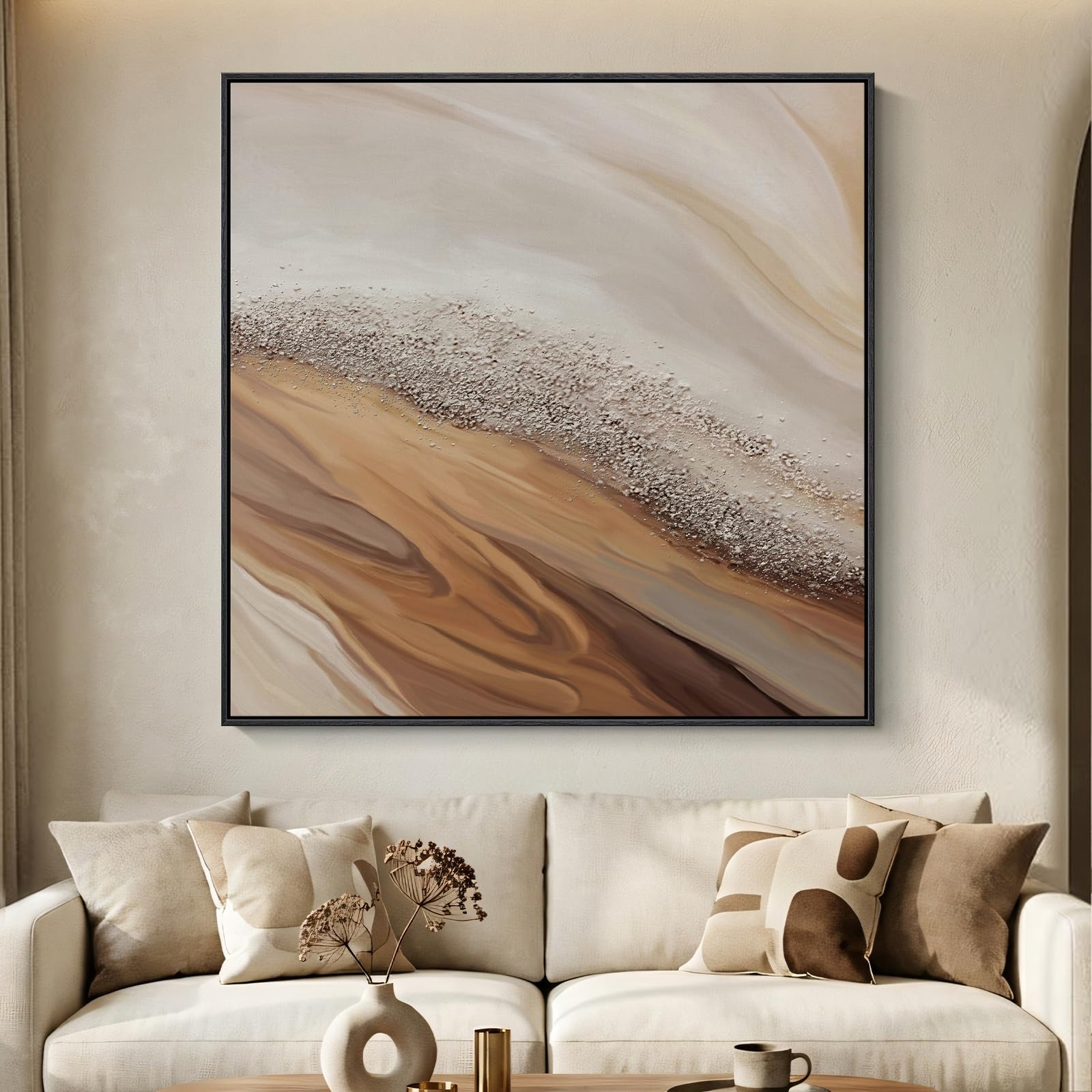 Framed Neutral Abstract Wall Art, Large Modern Canvas Prints Paintings Artwork for Walls, Minimalist Earth Tone Abstract Pictures for Living Room Lounge Dining Bedroom Office Wall Decor 30x30 In