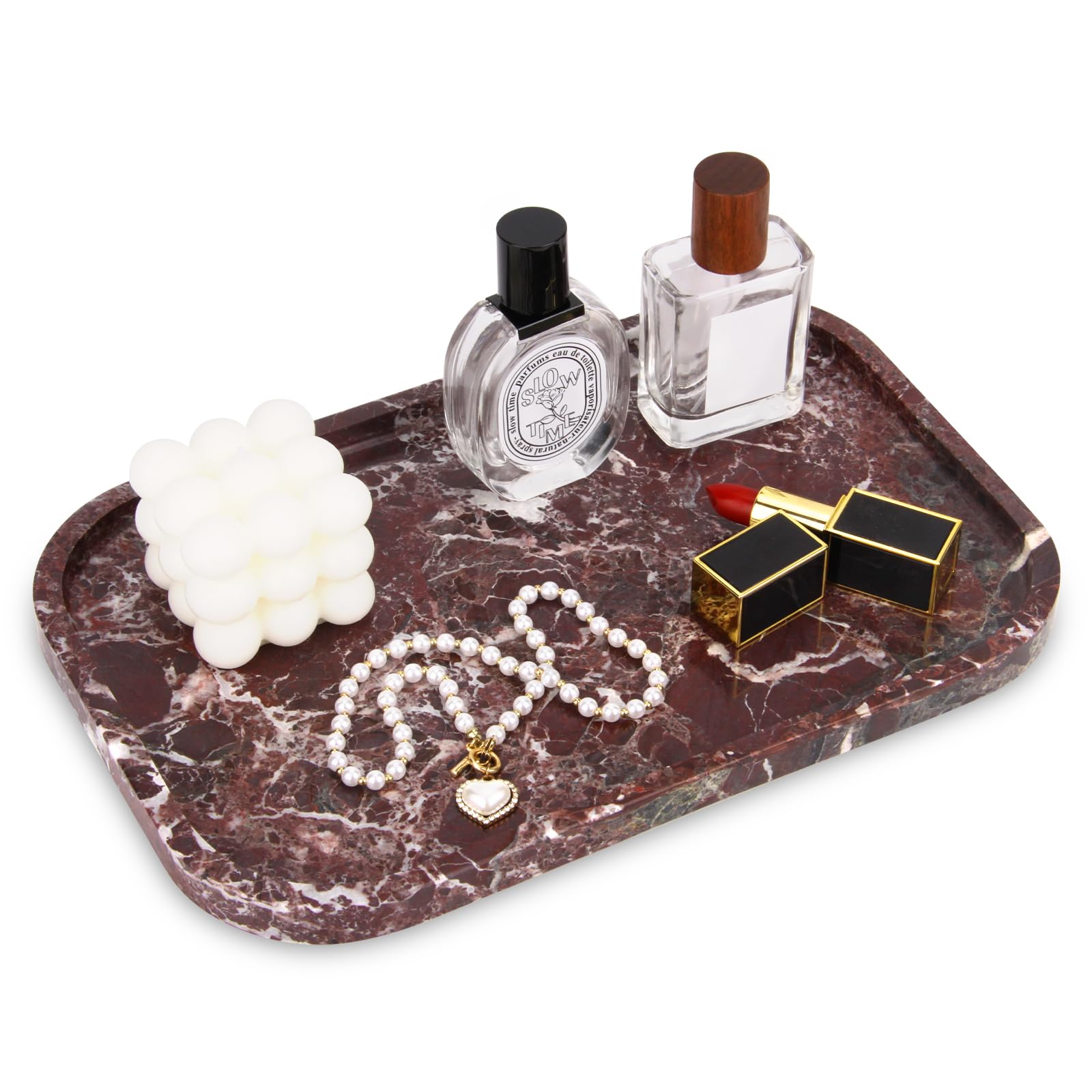 Marble Bathroom Vanity Tray, Natural Marble Home Kitchen Table Tray, Stone Decorative Countertop Serving Organizer for Dresser Coffee Perfume Jewelry Makeup (1, Dark Brown L, 12 * 8 * 0.8)