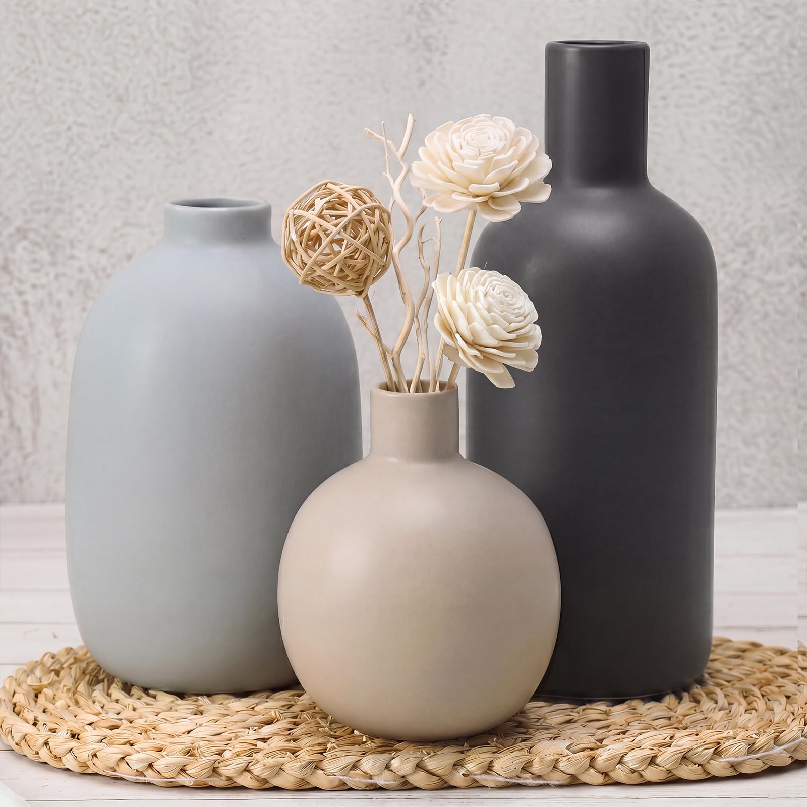 Modern Ceramic Vase Set of 5, Vases Home Decor Rustic Farmhouse Decorative Vase Pottery Vases for Bouquet Pampas Grass Dried Fresh Flowers, Table Living Room Kitchen Bedroom
