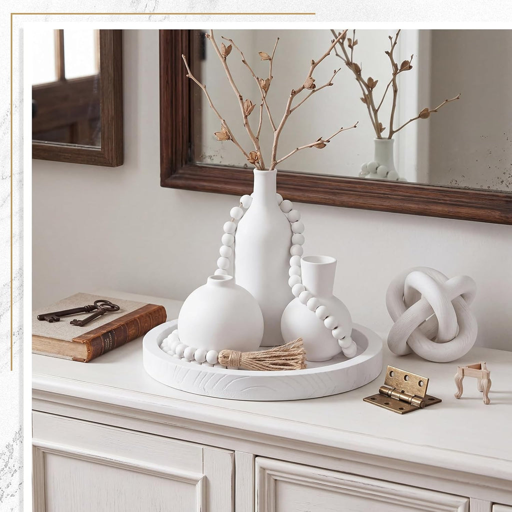 6 Pieces Ceramic Vase Set for Table Centerpieces Decor Include Wood Chain Link Bead Garland Boho Rustic Serving Tray for Home Table Living Room Dining Decoration(White)