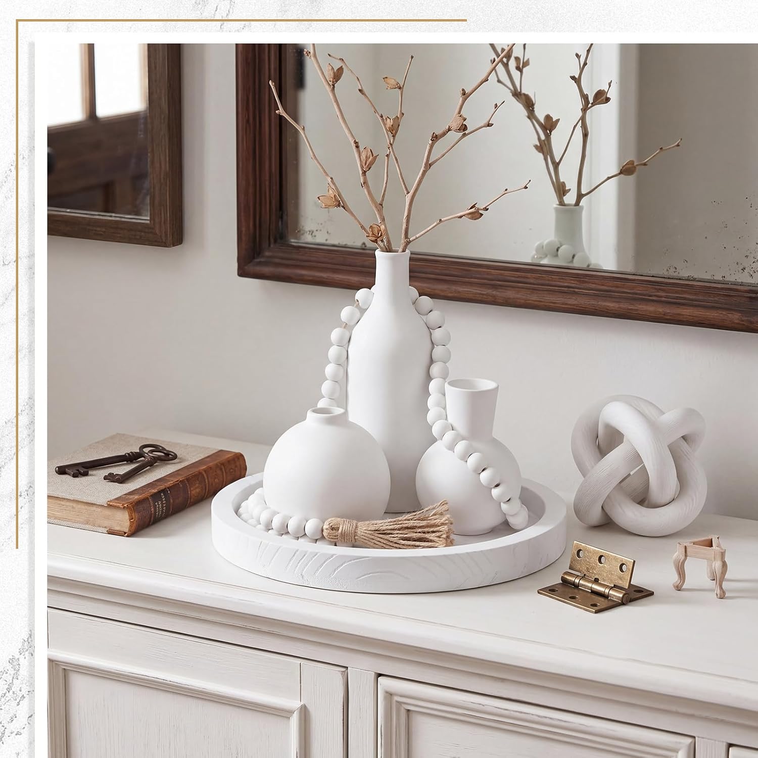 6 Pieces Ceramic Vase Set for Table Centerpieces Decor Include Wood Chain Link Bead Garland Boho Rustic Serving Tray for Home Table Living Room Dining Decoration(White)