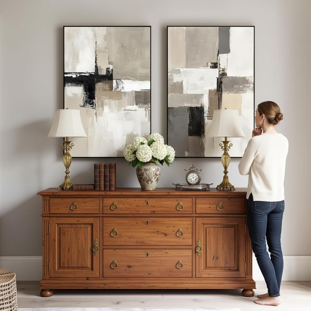 Set of 2 Modern Neutral Abstract Wall Art – Framed Beige, Gray, and Black Canvas Paintings for Living Room, Bedroom, or Office Décor – 24x36 Inches Each