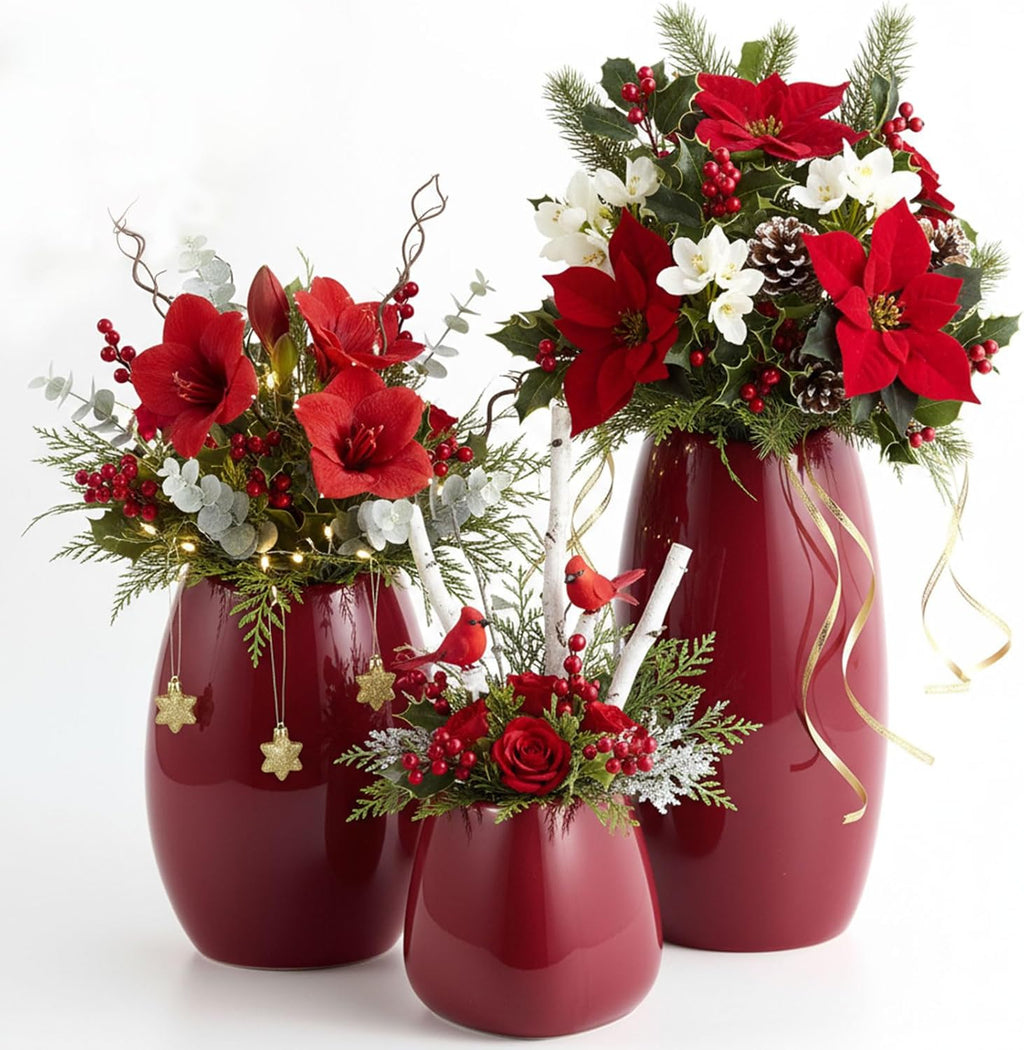Set of 3 Red Modern Ceramic Vases, Decorative Flower Vases for Shelf, Table, Living Room, Kitchen & Office Home Decor