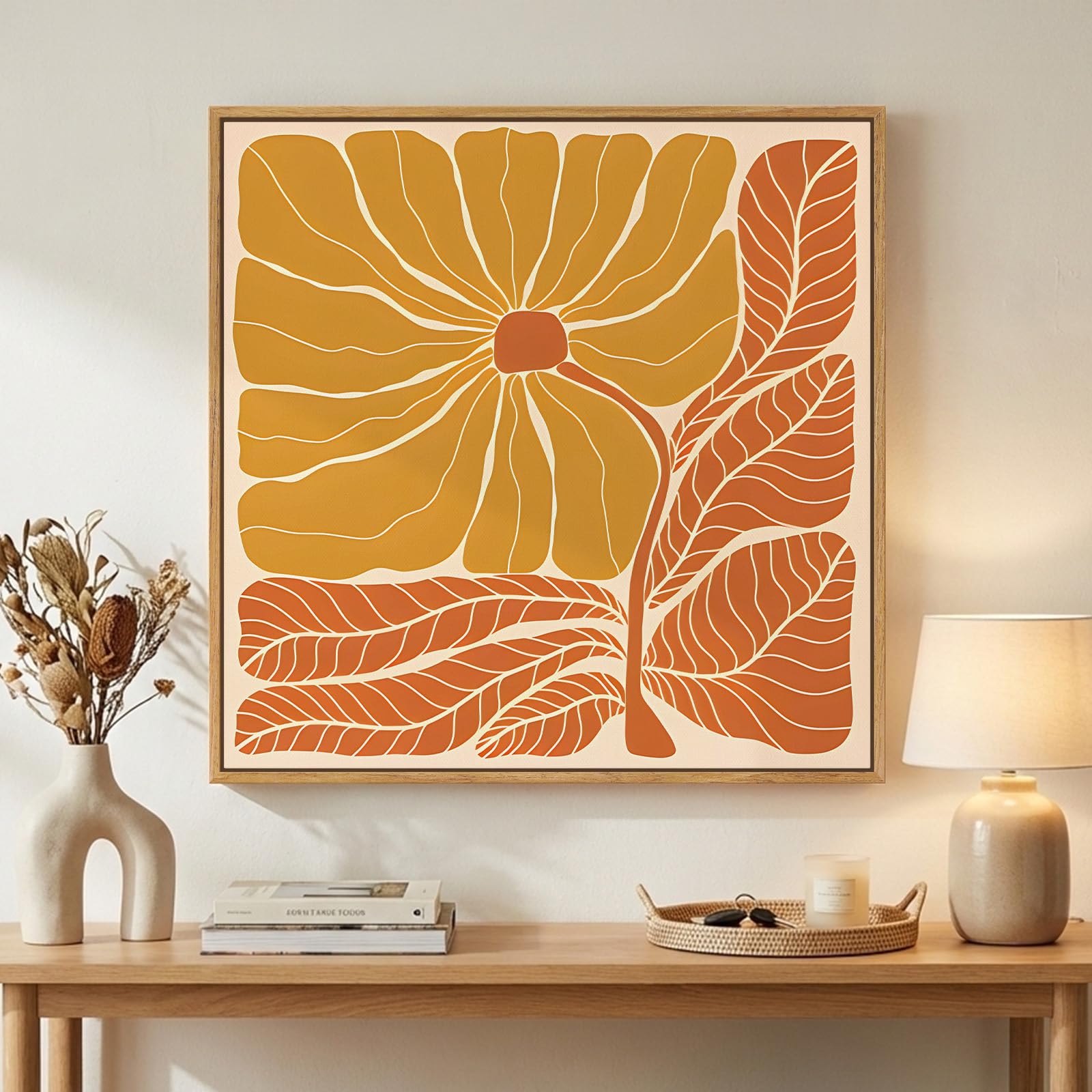 Framed Neutral Abstract Landscape Wall Art for Living Room, Square Mid Century Modern Canvas Paintings Prints Artwork for Walls, Minimalist Scenic Pictures Wall Decor for Bedroom Home Office, 24x24 In