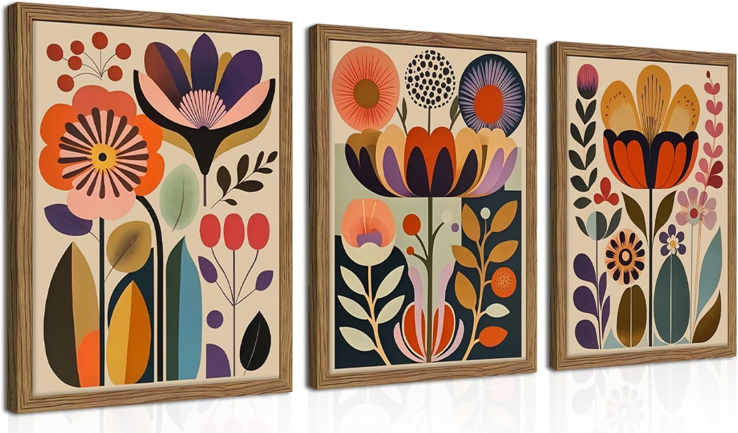 Framed Colorful Floral Wall Art Set of 3, Abstract Scandinavian Flower Canvas Wall Decor Paintings, Mid Century Modern Botanical Artwork Pictures Prints for Living Room Bedroom Dining Room 16x24 Inch