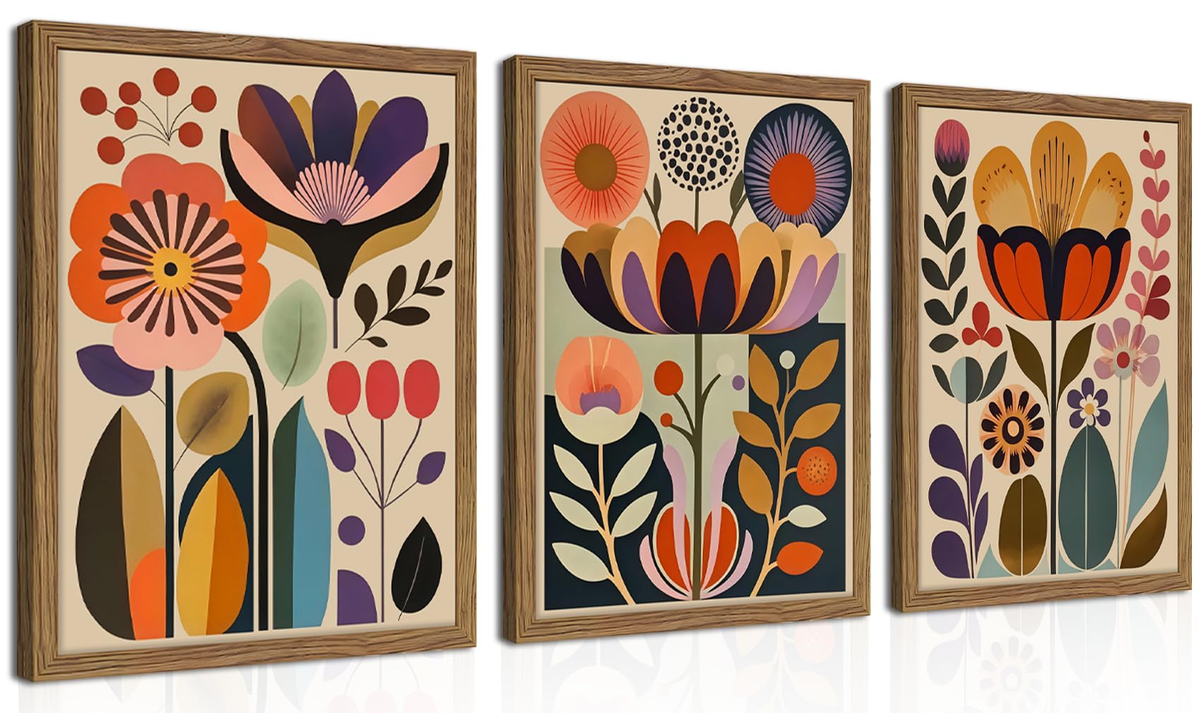 Framed Colorful Floral Wall Art Set of 3, Abstract Scandinavian Flower Canvas Wall Decor Paintings, Mid Century Modern Botanical Artwork Pictures Prints for Living Room Bedroom Dining Room 16x24 Inch