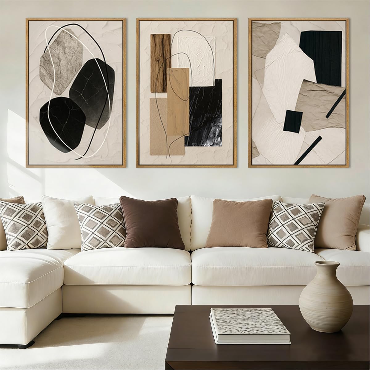 Large Abstract Paintings Framed Neutral Canvas Prints Mid Century Modern Wall Art Abstract Wall Decor Neutral Wall Pictures Elegant Modern Paintings for Living Room Bedroom Bathroom Office 36x24 Inch 3 Piece