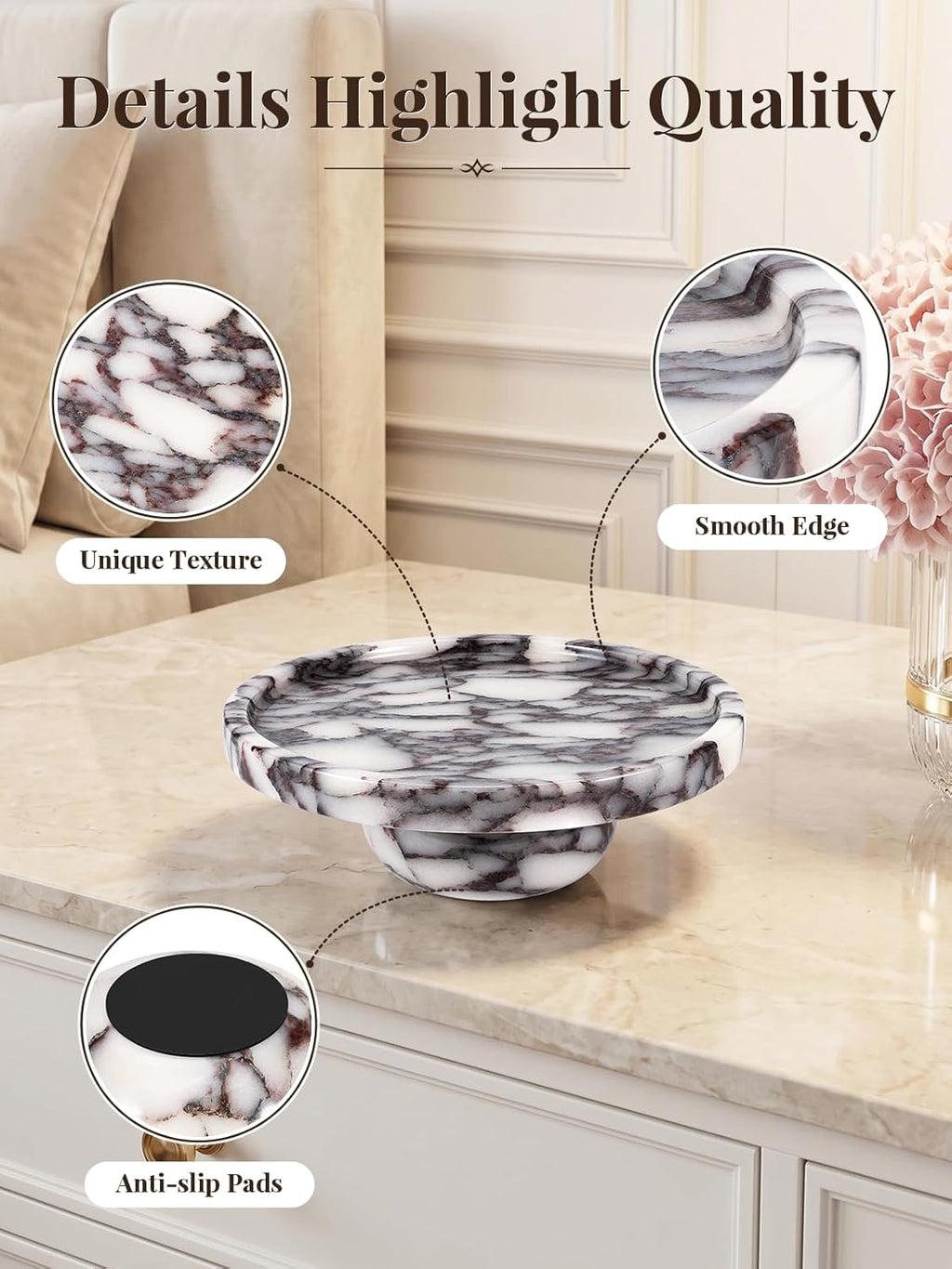 Natural Marble Tray with Legs, 7 Inch Round Marble Tray for Bathroom Counter, Vanity Perfume Decorative Tray for Candle, Jewelry & Keys Catchall for Coffee Table Decor, Living Room, Entryway