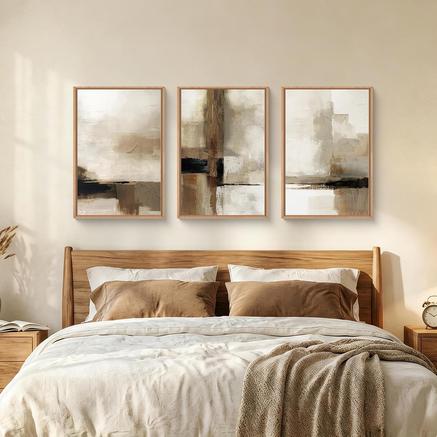 HOURIA Abstract Neutral Vintage Earth Tone Framed Canvas Wall Art Set,Modern Minimalist Rustic Brown Beige Wall Decor,Wabi Sabi Textured Brushstroke Artwork for Living Room,Bedroom,Farmhouse-24"x36"x3