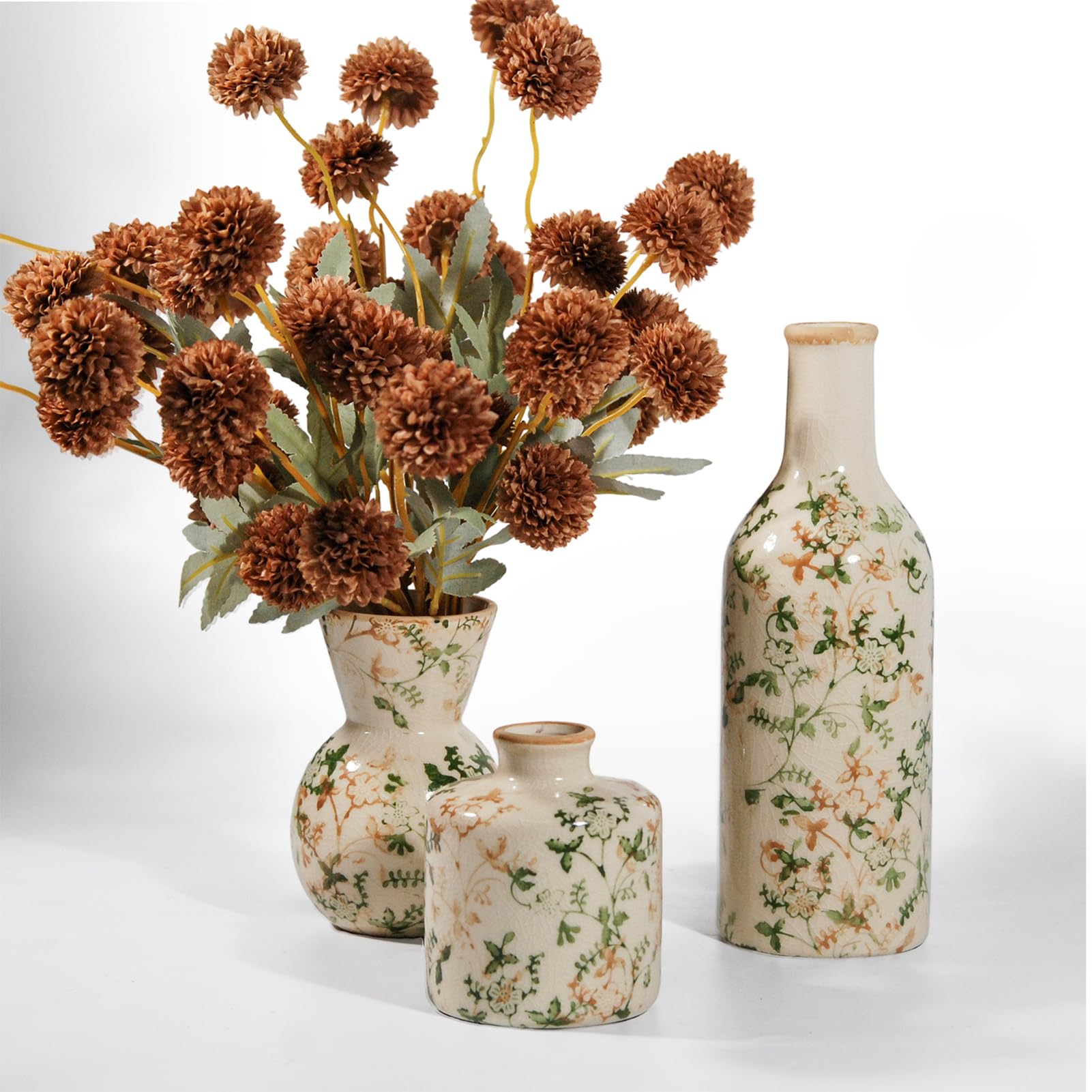 Fake Flowers in Vase for Centerpieces, Faux Flowers in Modern Ceramic Vase Set of 3 with 8 Artificial Autumn Chrysanthemums Artificial Decorative Swags