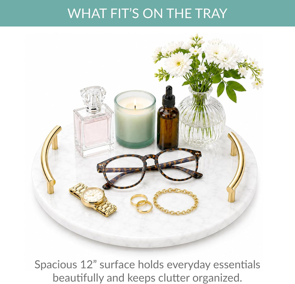 White Marble Tray with Gold Handles - Elegant Solid Marble - Chic Modern Elegant Round Vanity Tray for Bathroom