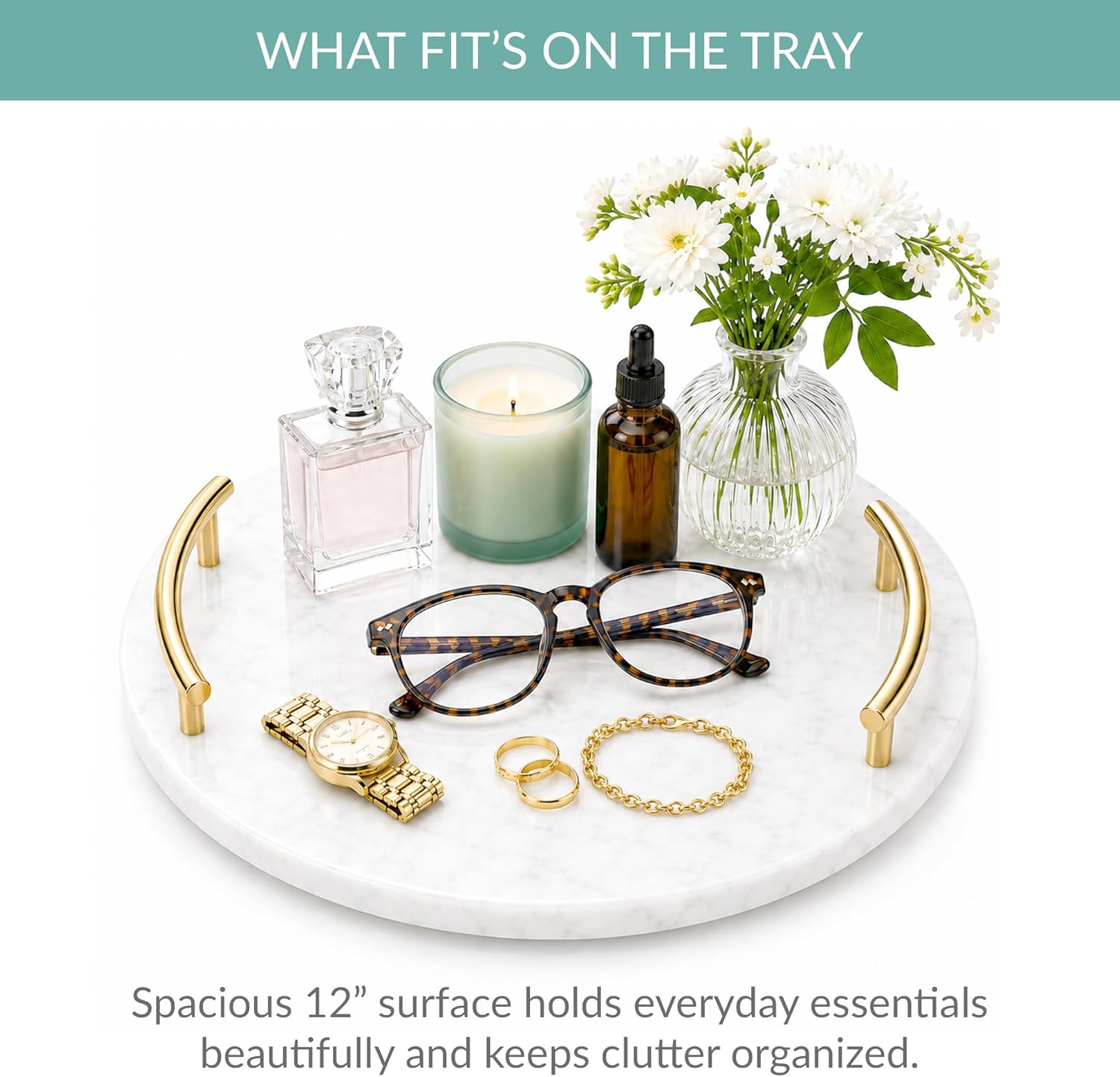 White Marble Tray with Gold Handles - Elegant Solid Marble - Chic Modern Elegant Round Vanity Tray for Bathroom