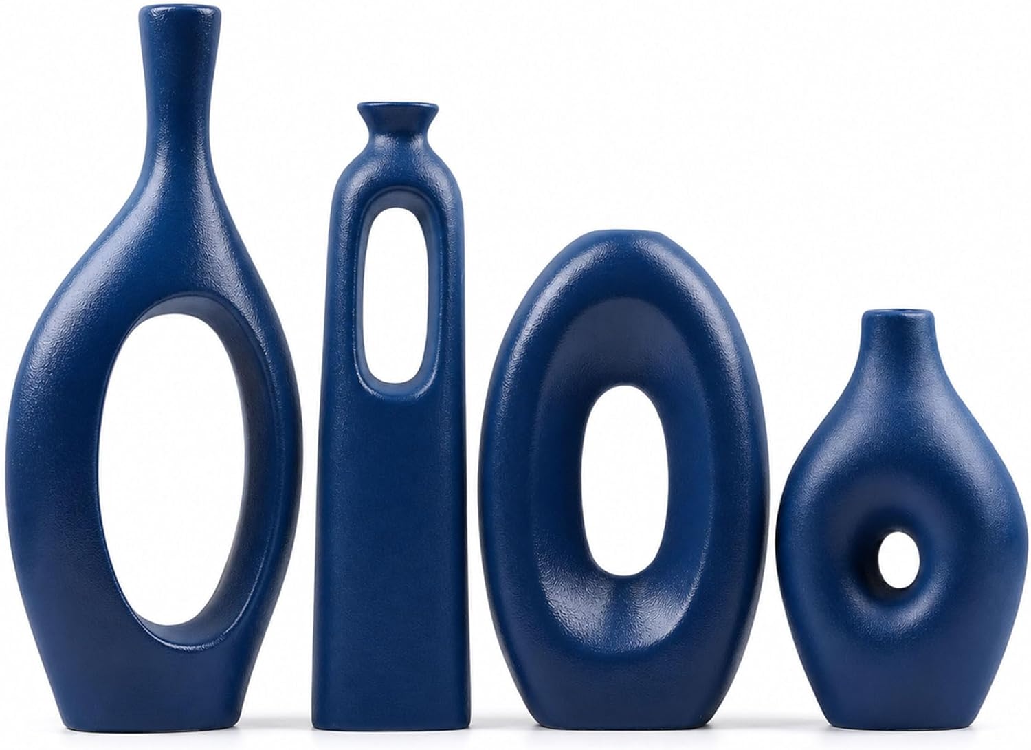 Blue Ceramic Vase Set of 4 - Round Hollow Boho Vases for Pampas Grass and Flowers Decor, Modern Minimalist Small Vases for Living Room, Bedroom, Fireplace, Coffee Table Decor and Centerpieces