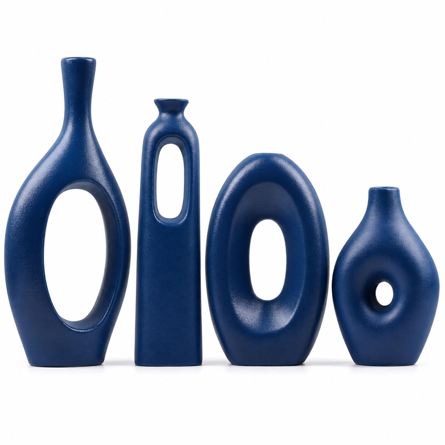Blue Ceramic Vase Set of 4 - Round Hollow Boho Vases for Pampas Grass and Flowers Decor, Modern Minimalist Small Vases for Living Room, Bedroom, Fireplace, Coffee Table Decor and Centerpieces