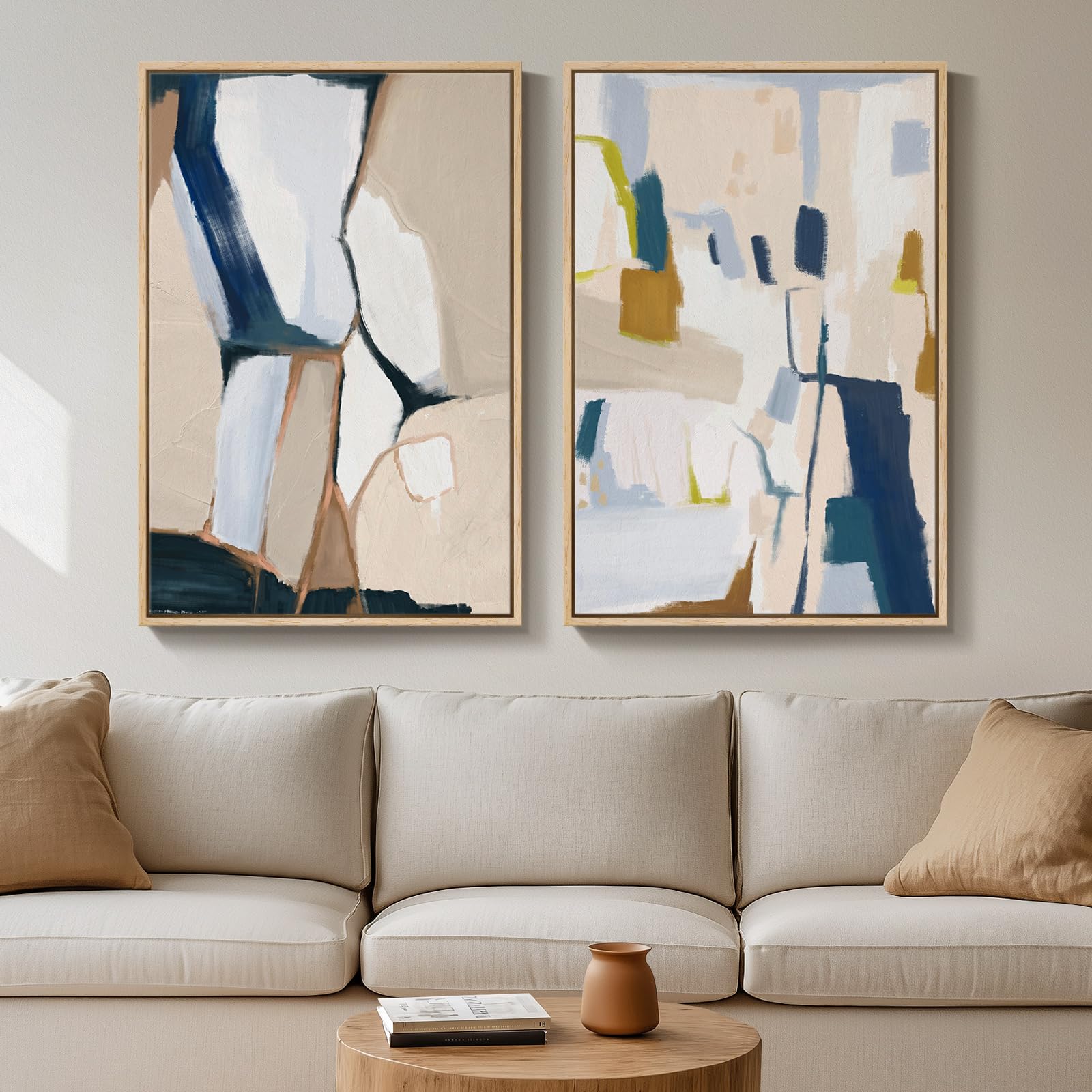 24x36 Inch 2-Piece Framed Black Beige Abstract Canvas Prints, Minimalist Black White Wall Art Decor for Living Room, Dining, Hallway & Bedroom
