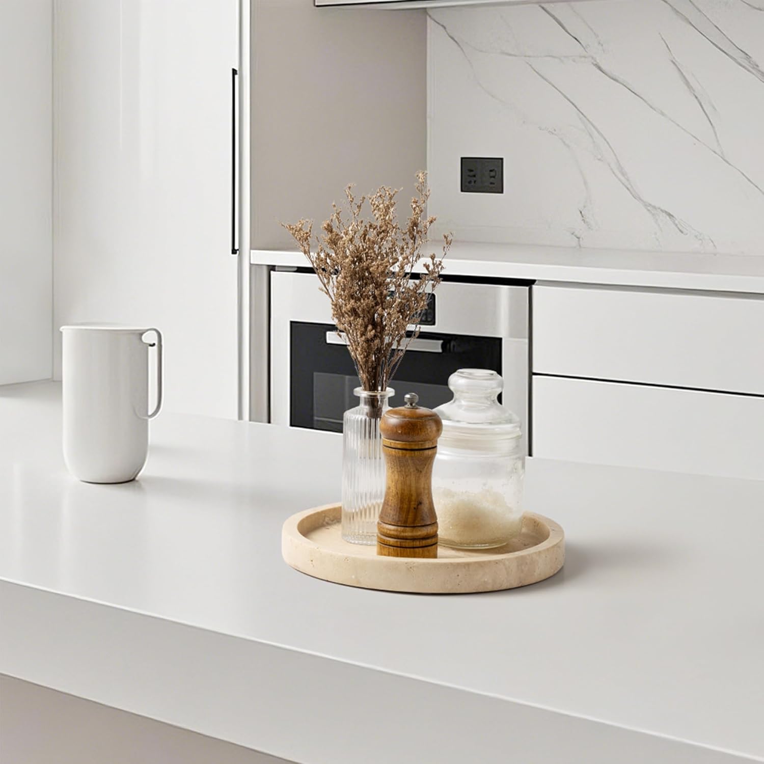 Natural Marble Vanity Tray for Bathroom Kitchen Dresser, Travertine Stone Decorative Trays for Jewelry, Perfume, Cosmetic, Candle, Round Countertop Storage Organizer for Home Decor Beige (WH019)