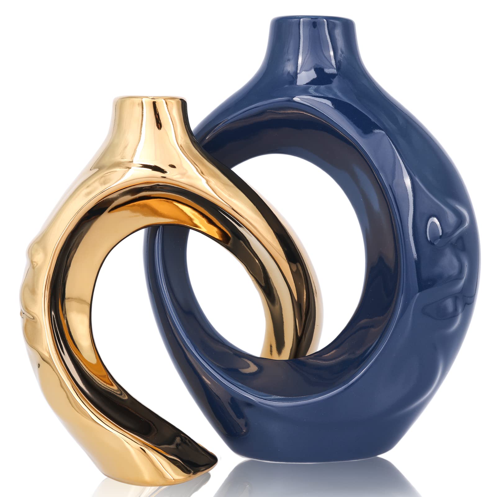 Navy Blue Home Decor Ceramic Vase, Navy Blue Gold Round Vase with Holes Set of 2, Suitable for Wedding Entrance Decoration, Bookshelf, Mantel, Unique Home Decor (Blue Gold)