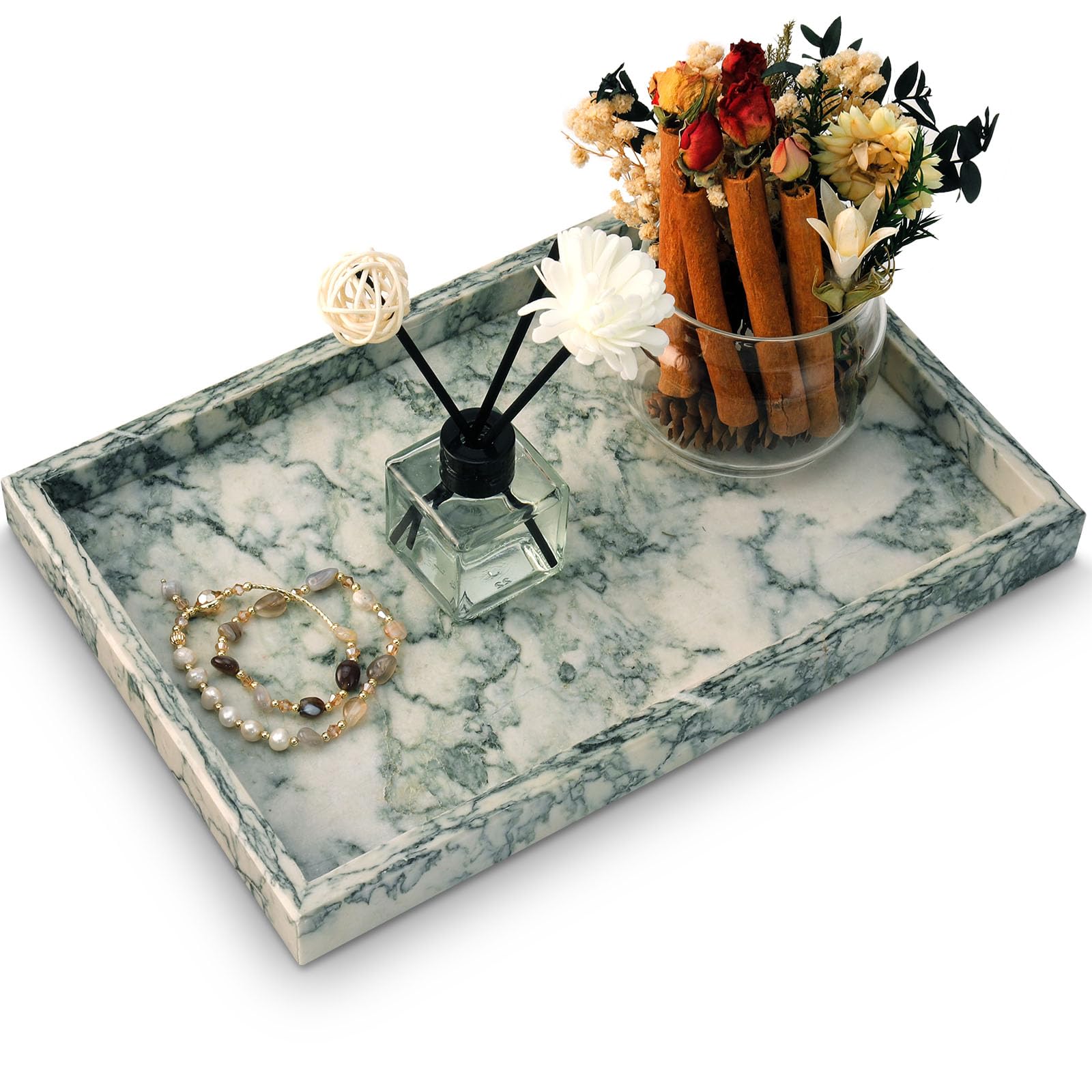 Marble Bathroom Tray,Pure Natural Vanity Tray,Marble Tray for Kitchen Counter Non-Ceramic/Non-Resin,Stone Trays 12 x 8 inch Cyan Green