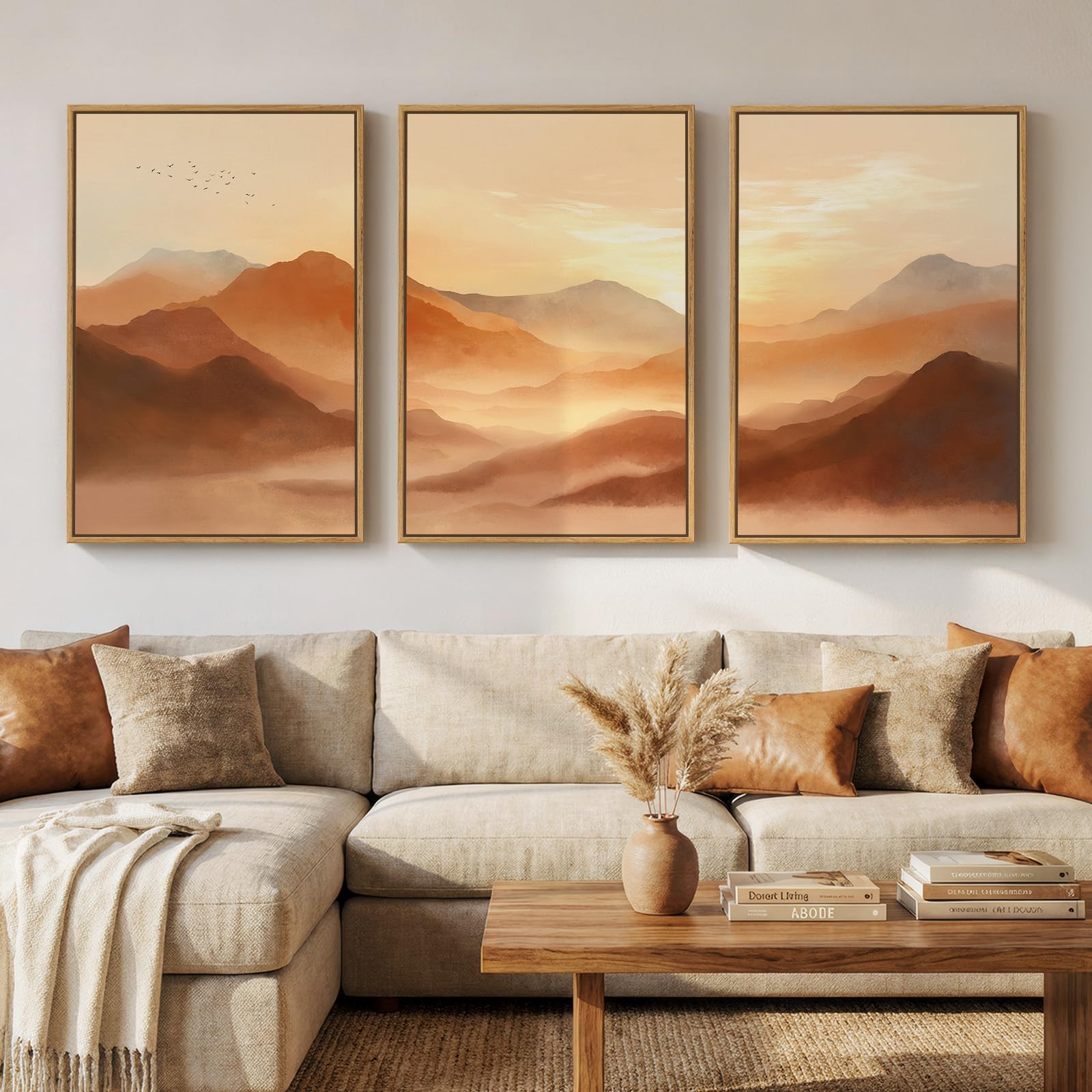 Large Framed Neutral Abstract Landscape Set of 3 Living Room Wall Art, Modern Misty Pine Forest Canvas Artwork for Walls, Beige Rustic Farmhouse Nature Wall Decor for Bedroom Hallway Office, 24x36 In