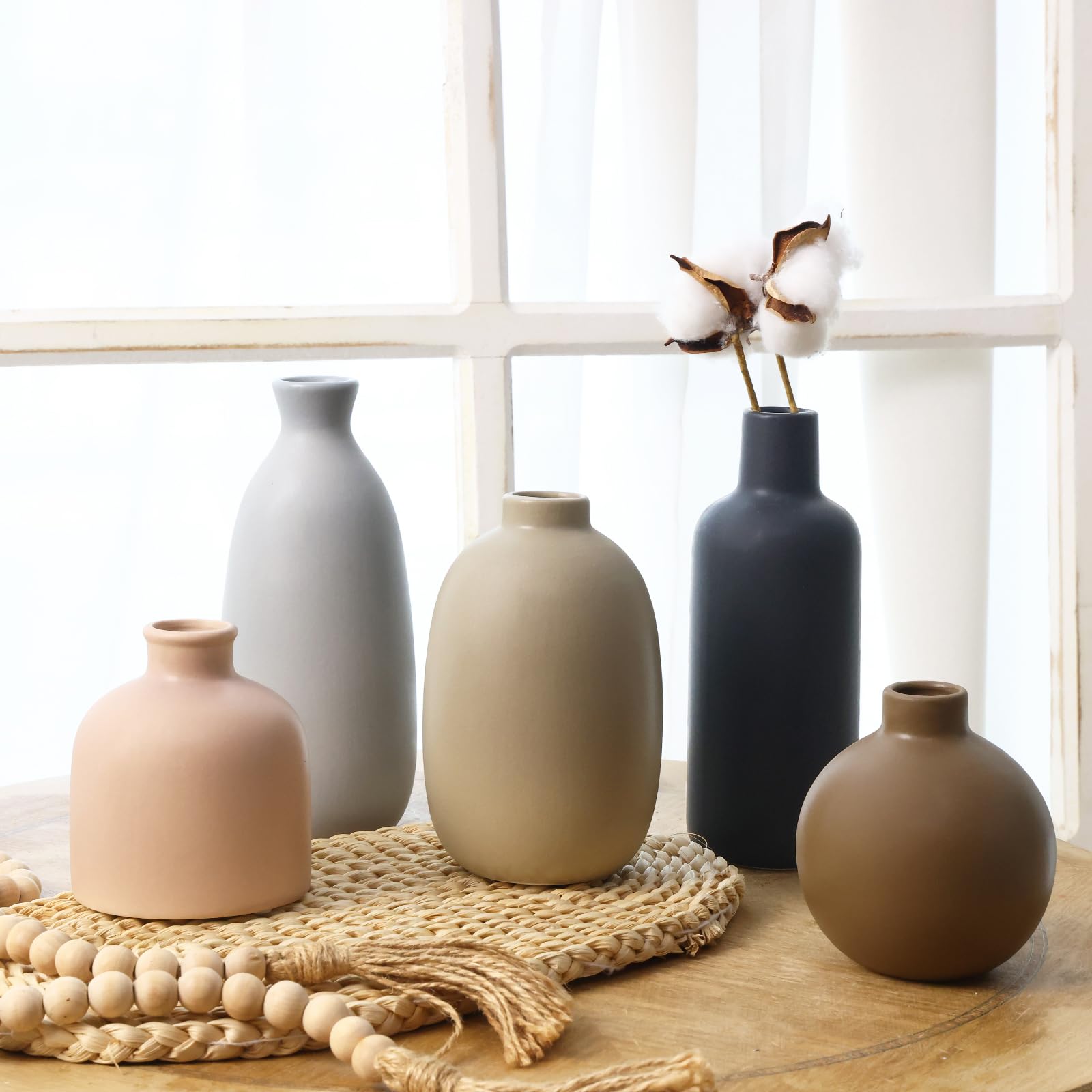 Modern Ceramic Vase Set of 5, Vases Home Decor Rustic Farmhouse Decorative Vase Pottery Vases for Bouquet Pampas Grass Dried Fresh Flowers, Table Living Room Kitchen Bedroom